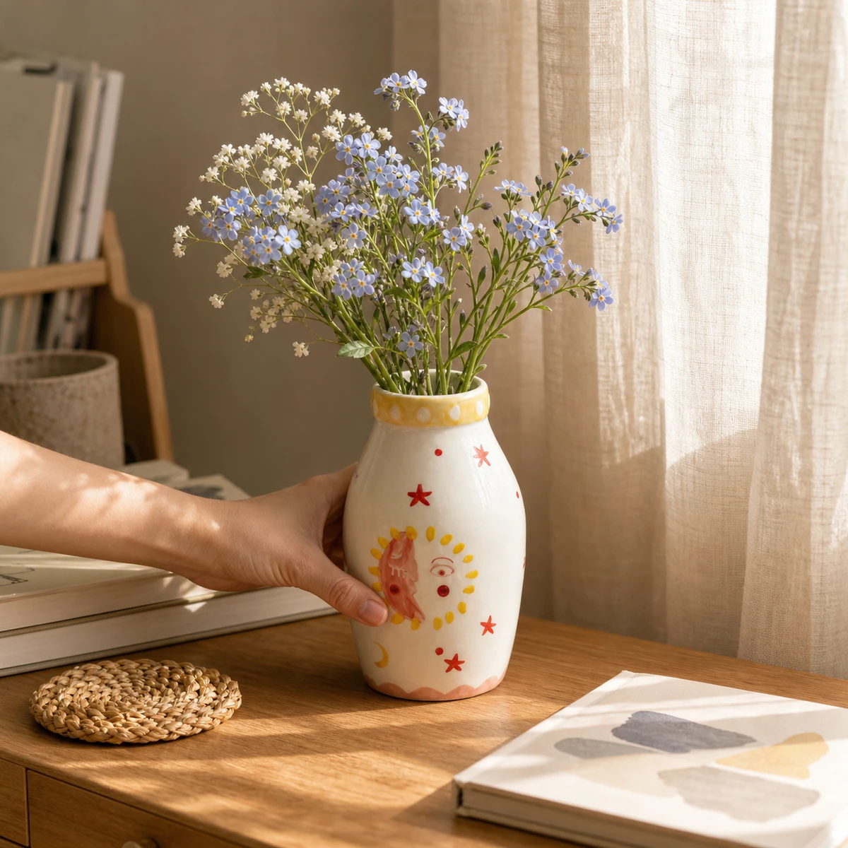 MOUGIGI Sun & Moon ceramic vase with blue flowers