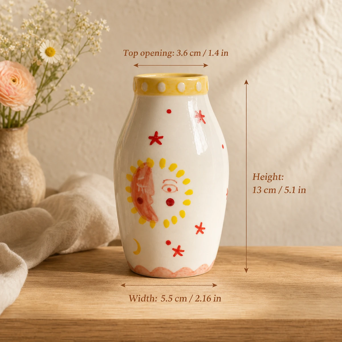 MOUGIGI Sun & Moon ceramic vase dimensions 13 cm high 5.5 cm wide with 3.6 cm opening