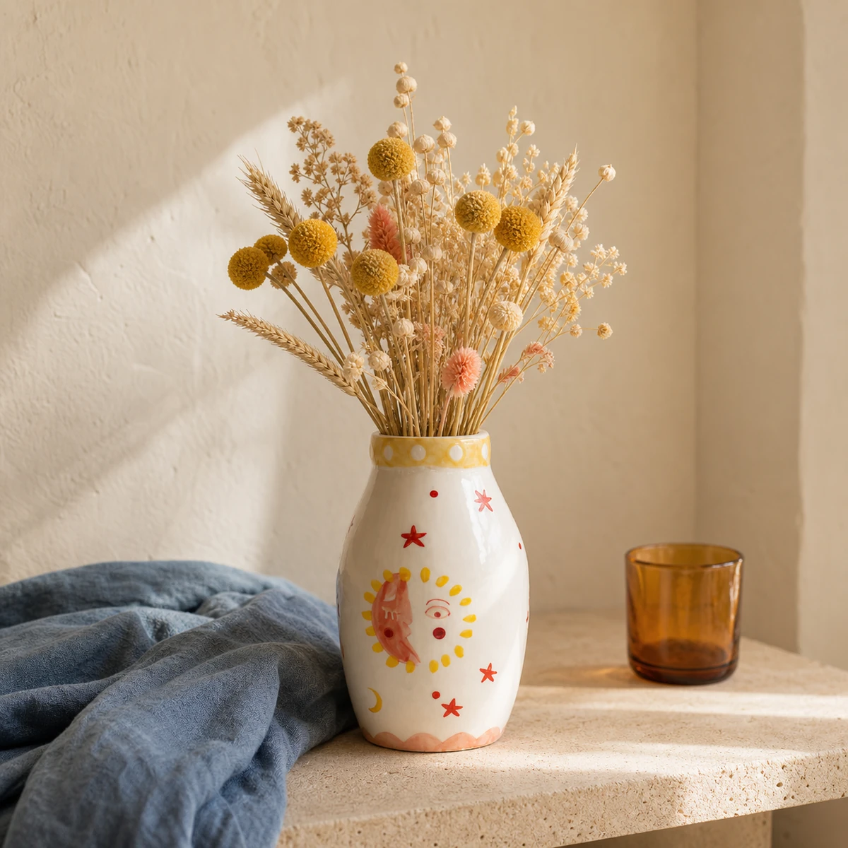 MOUGIGI Sun & Moon ceramic vase with golden dried flowers