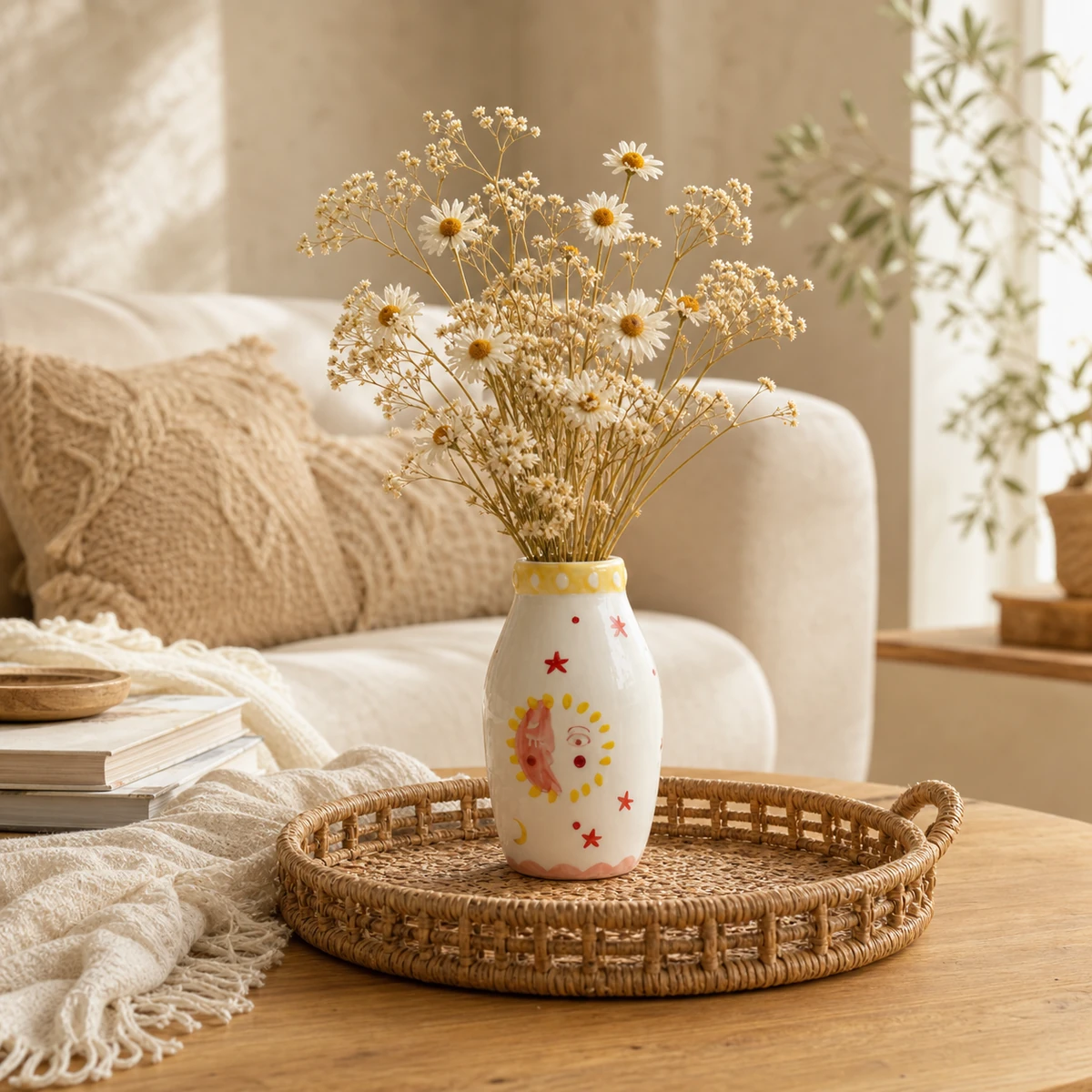 MOUGIGI Sun & Moon ceramic vase with chamomile flowers