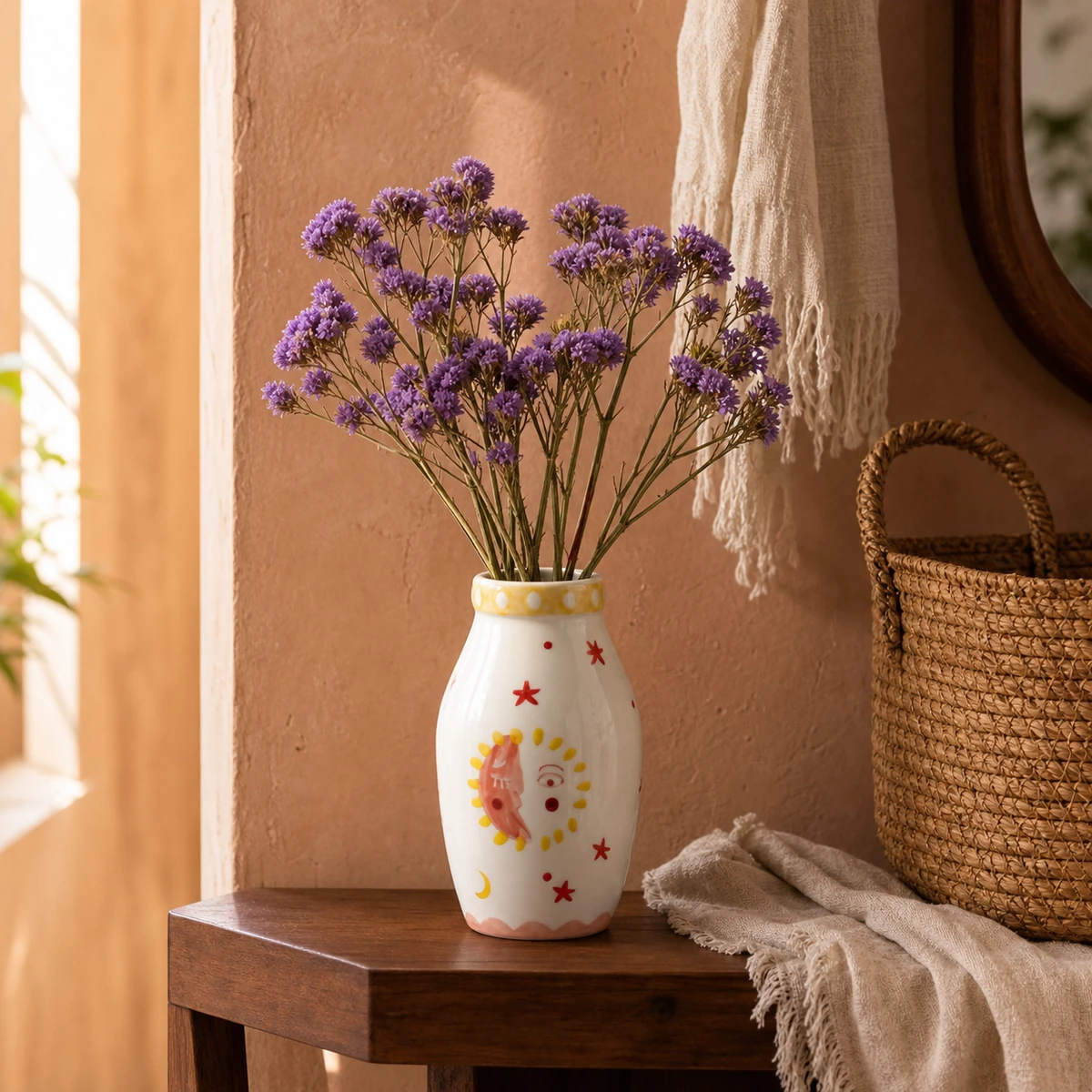 MOUGIGI Sun & Moon ceramic vase with purple flowers
