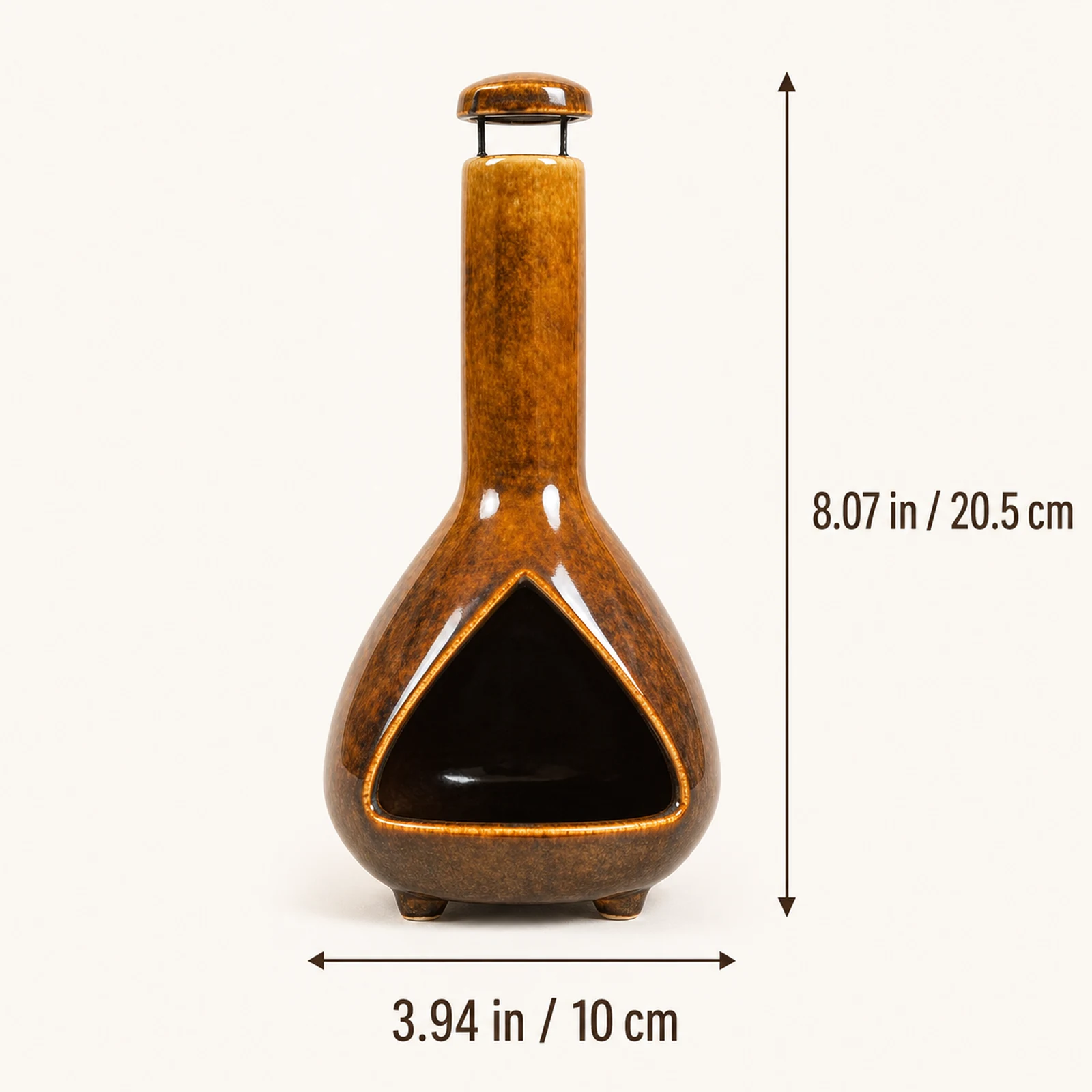 Sunset Color amber-brown ceramic Palo Santo holder dimensions graphic showing 8.07 inches tall and 3.94 inches wide