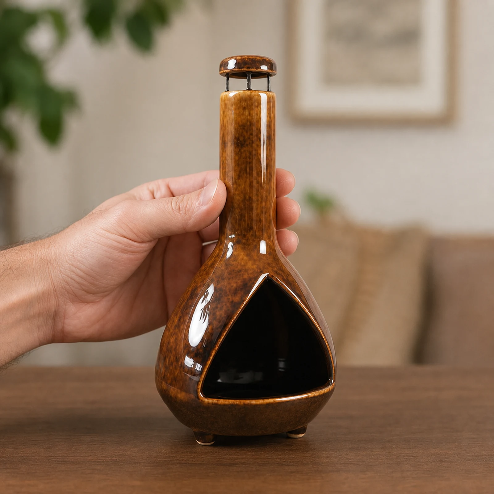Sunset Color amber-brown ceramic Palo Santo holder held in one hand to show the product scale