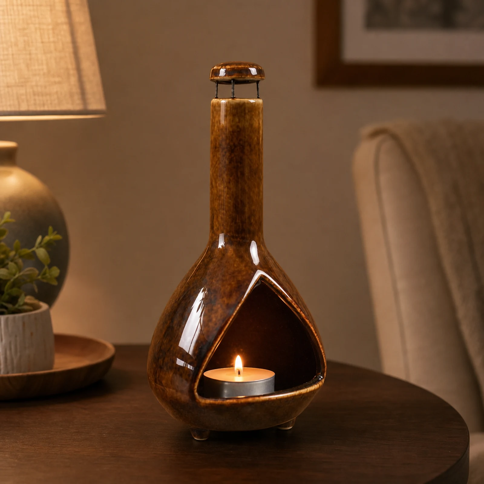 Sunset Color amber-brown ceramic Palo Santo holder with a small lit tea light candle in the front chamber