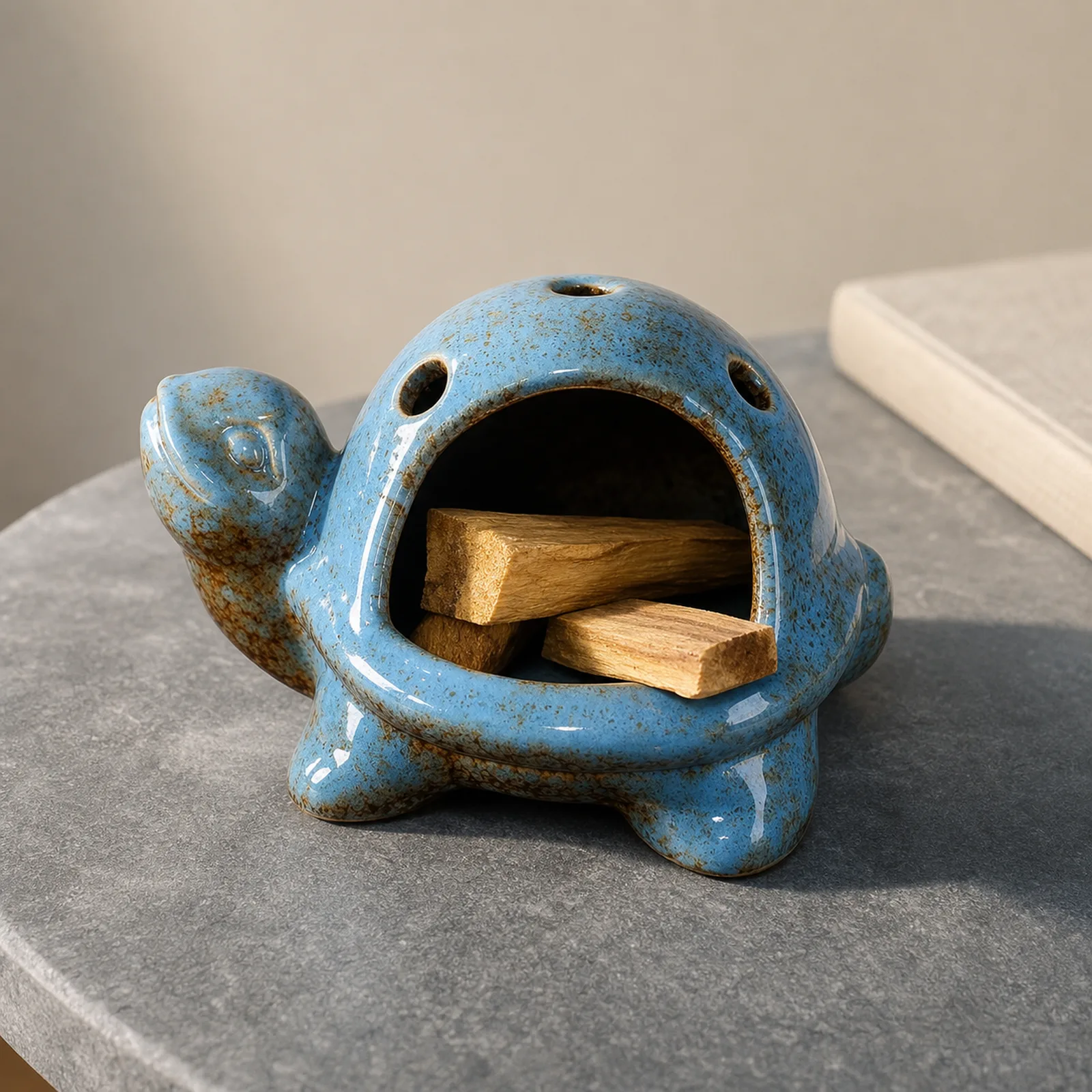 Blue speckled ceramic turtle Palo Santo holder Palo Santo placement