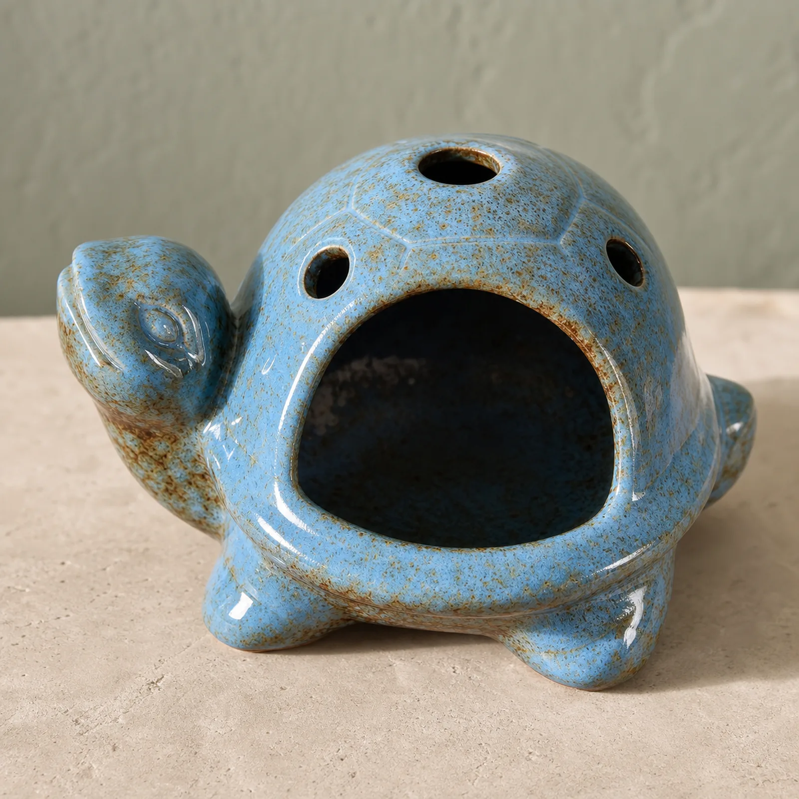 Blue speckled ceramic turtle Palo Santo holder shell glaze and vent detail