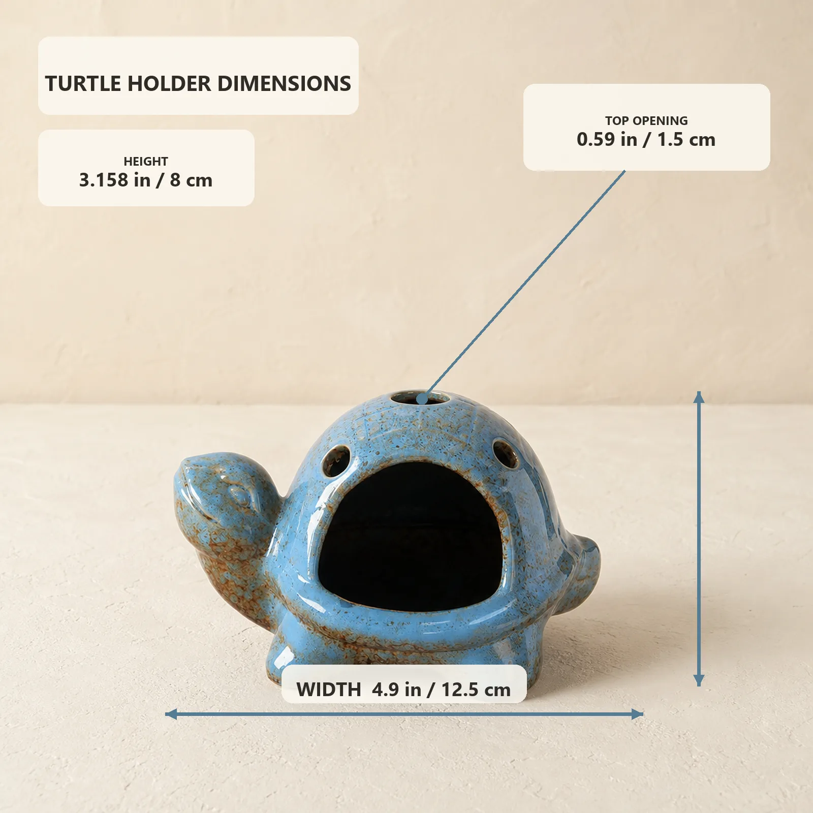 Blue ceramic turtle holder dimensions: 4.9 inches wide, 3.158 inches high, and 0.59-inch top opening