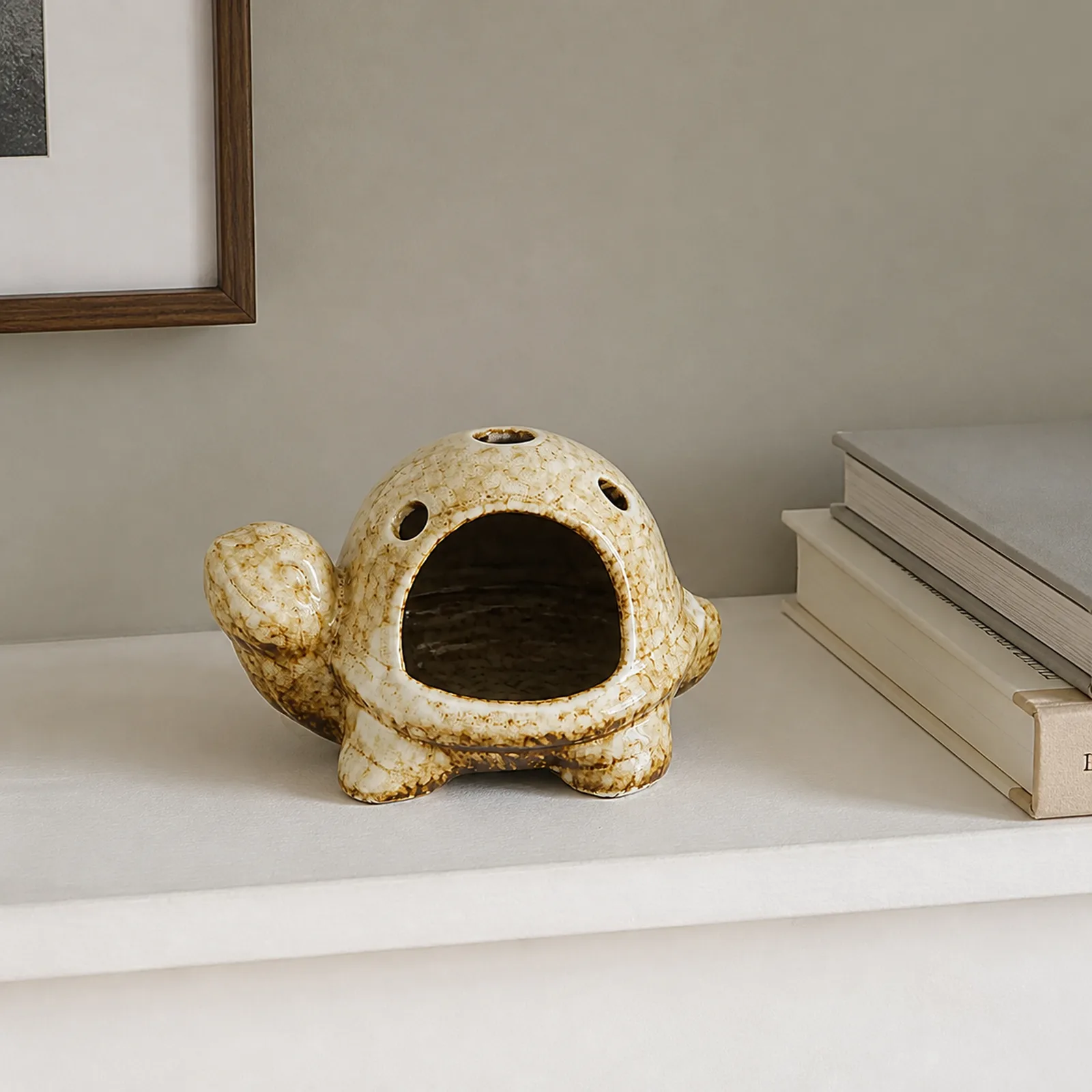 Brown kiln-effect ceramic turtle Palo Santo holder home shelf lifestyle