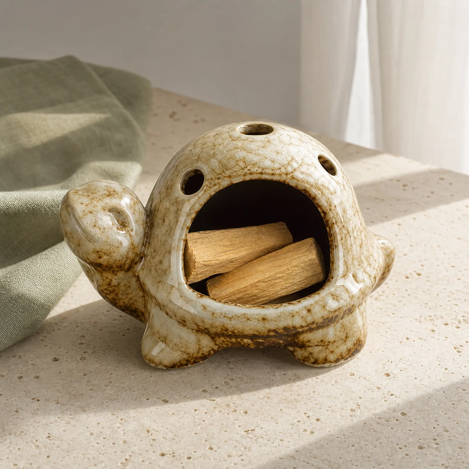 Brown kiln-effect ceramic turtle Palo Santo holder Palo Santo placement