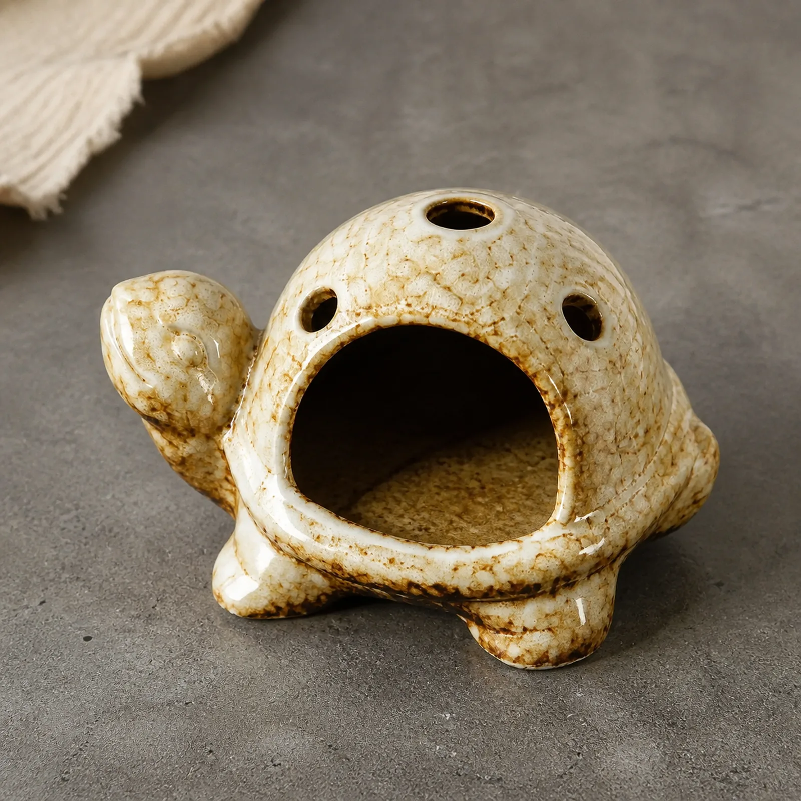 Brown kiln-effect ceramic turtle Palo Santo holder shell glaze and vent detail
