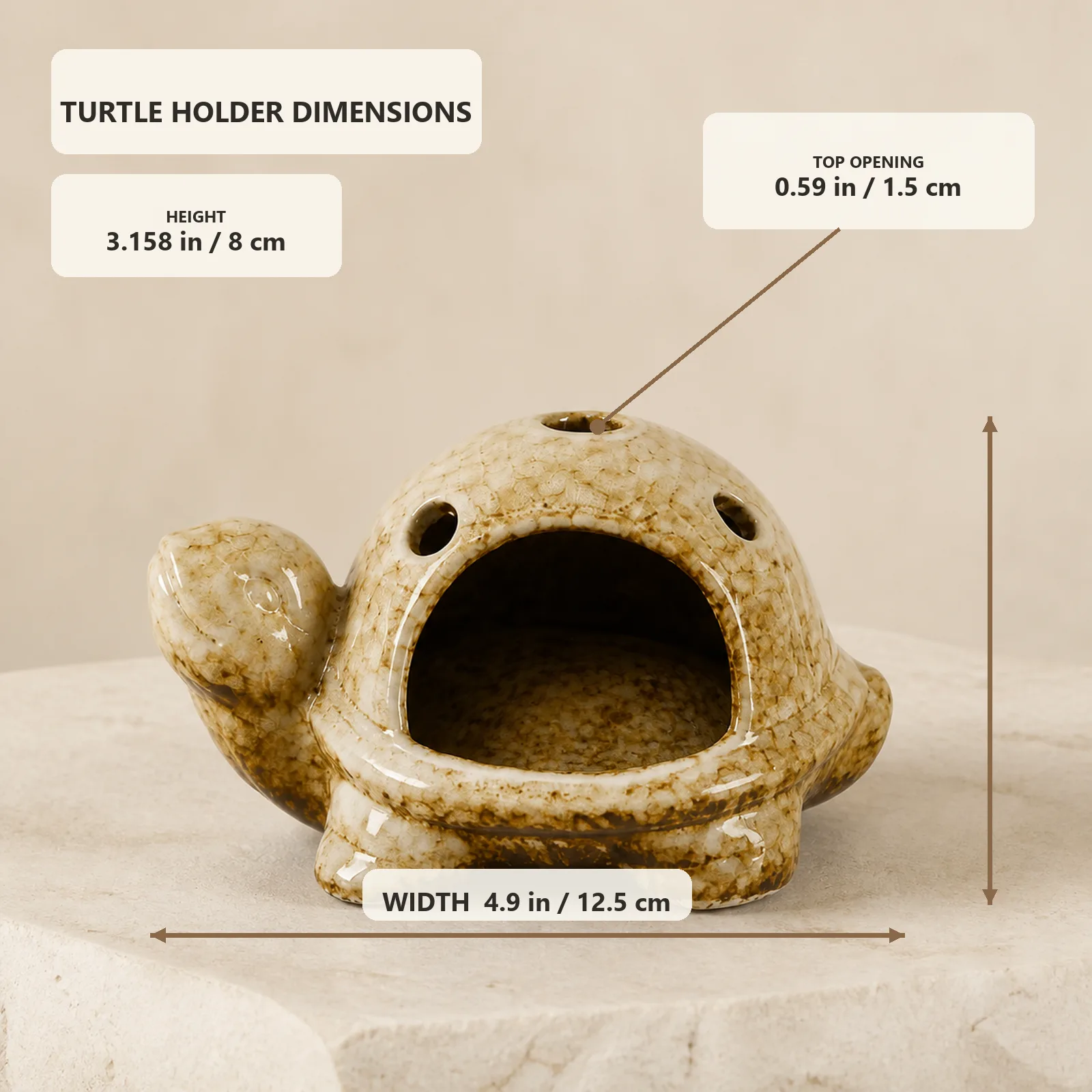 Brown ceramic turtle holder dimensions: 4.9 inches wide, 3.158 inches high, and 0.59-inch top opening