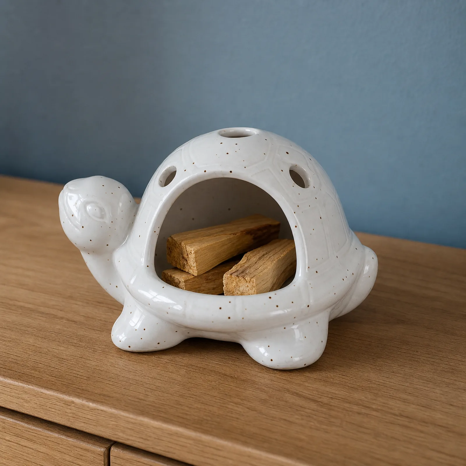 White speckled ceramic turtle Palo Santo holder Palo Santo placement