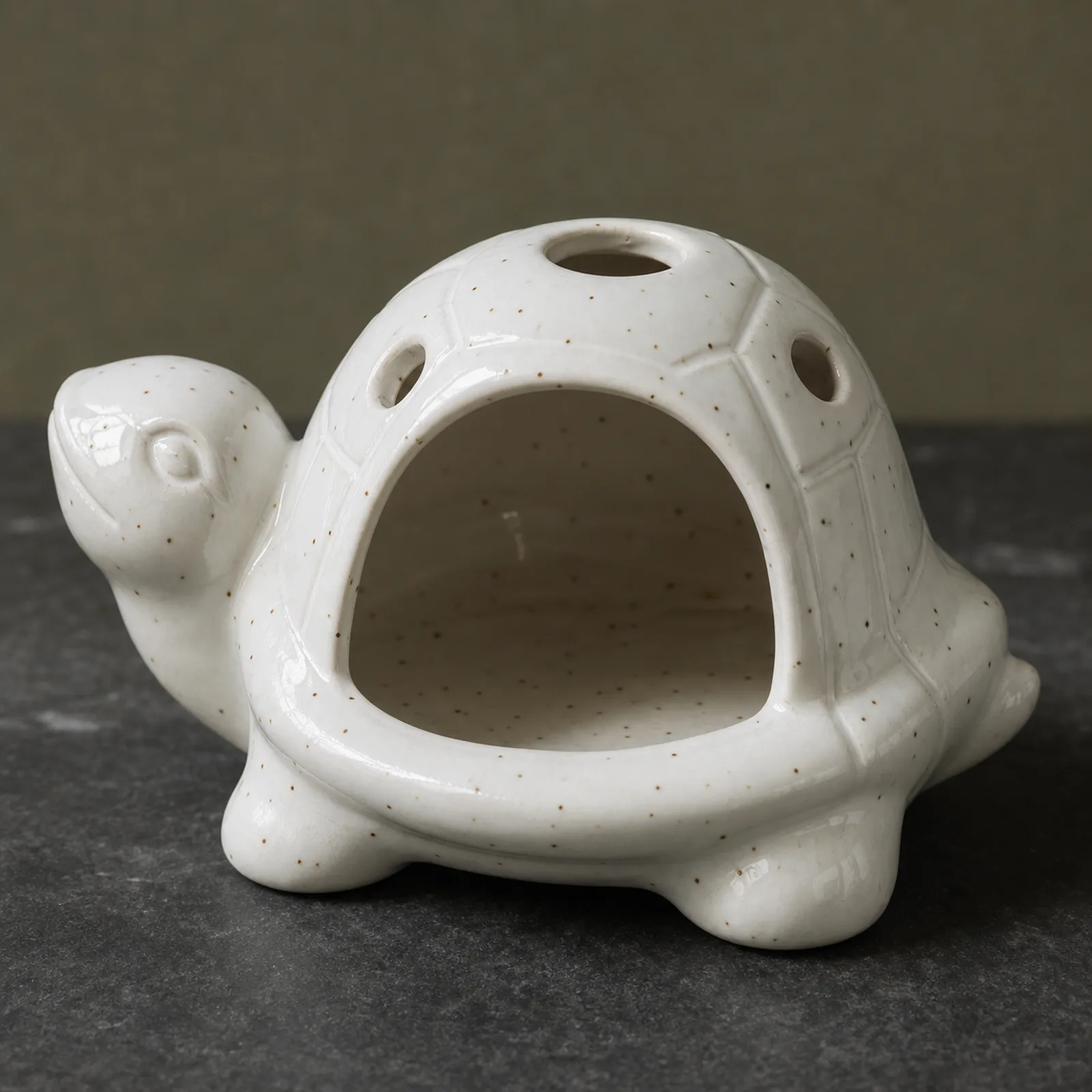 White speckled ceramic turtle Palo Santo holder shell glaze and vent detail