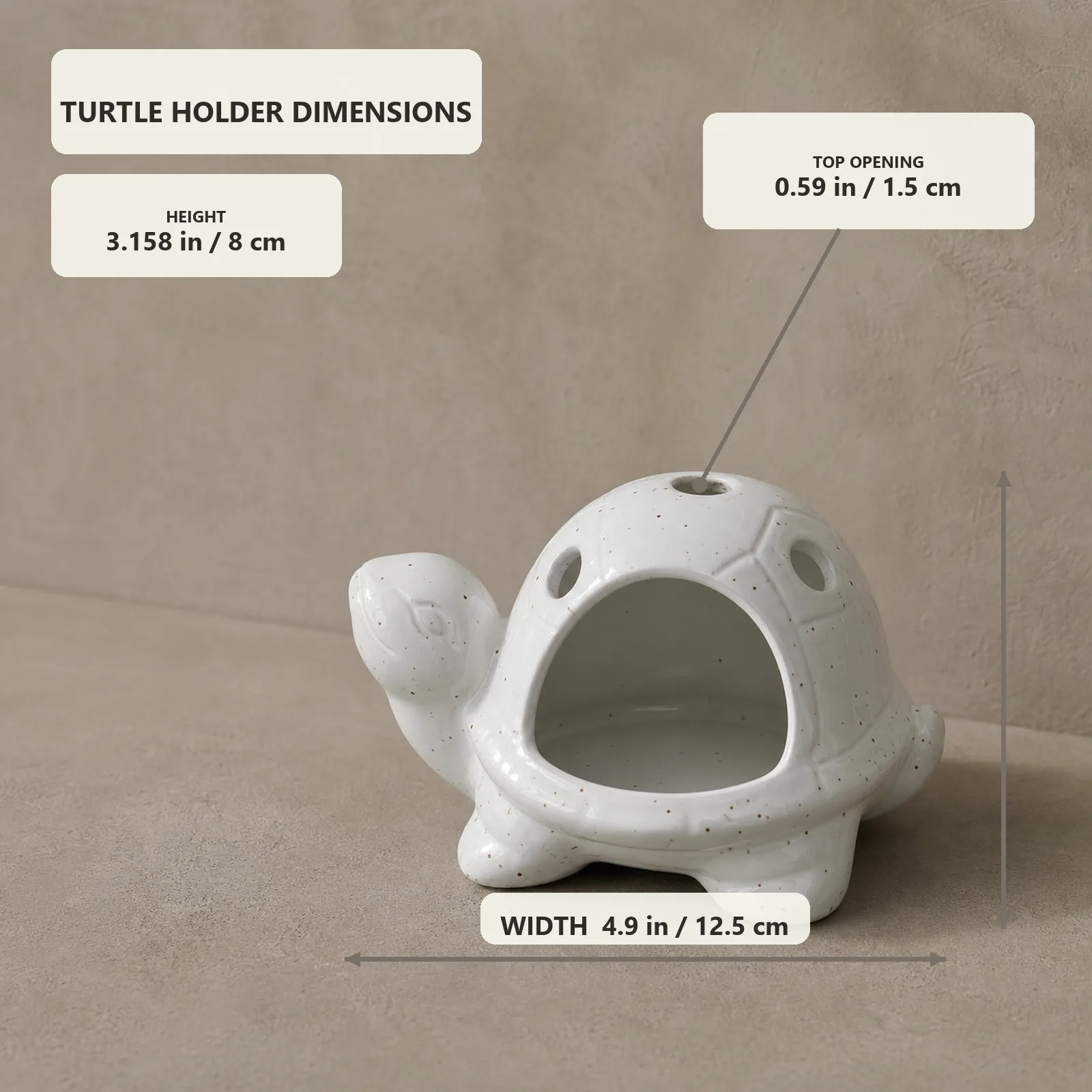White ceramic turtle holder dimensions: 4.9 inches wide, 3.158 inches high, and 0.59-inch top opening