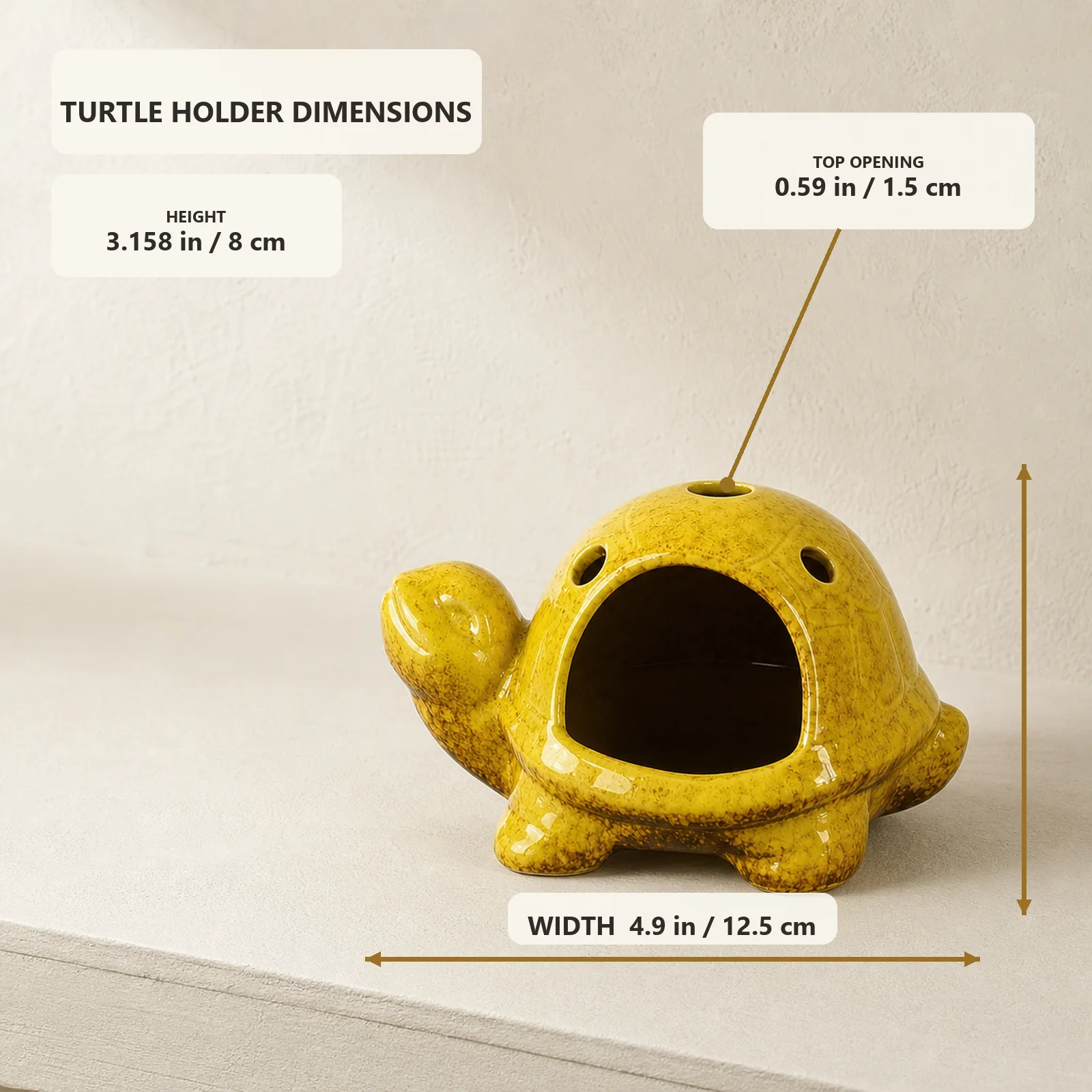 Yellow ceramic turtle holder dimensions: 4.9 inches wide, 3.158 inches high, and 0.59-inch top opening