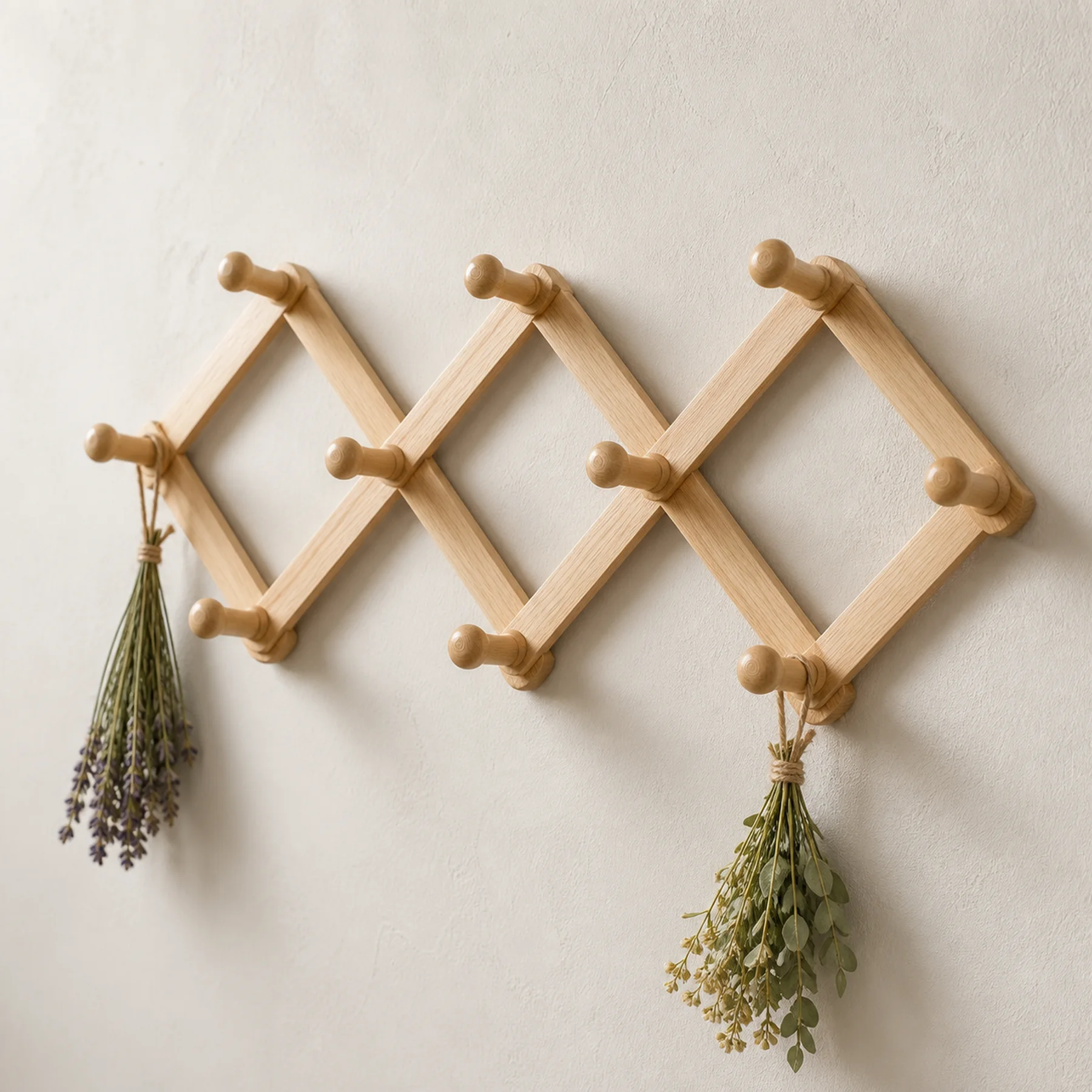 Wall-mounted herb drying rack, Diamond Telescopic style, wood and hanging-point detail