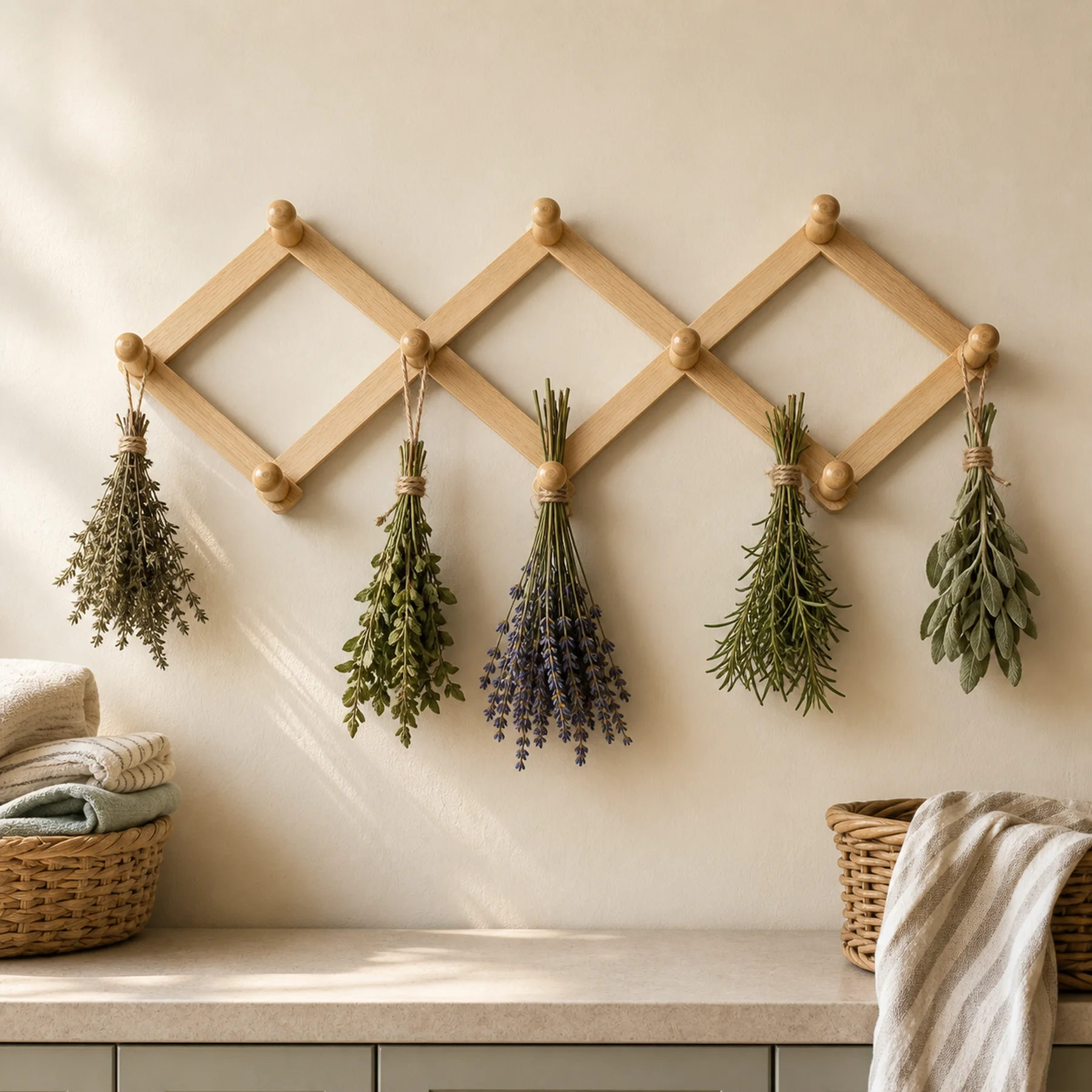 Wall-mounted herb drying rack, Diamond Telescopic style, utility room lifestyle