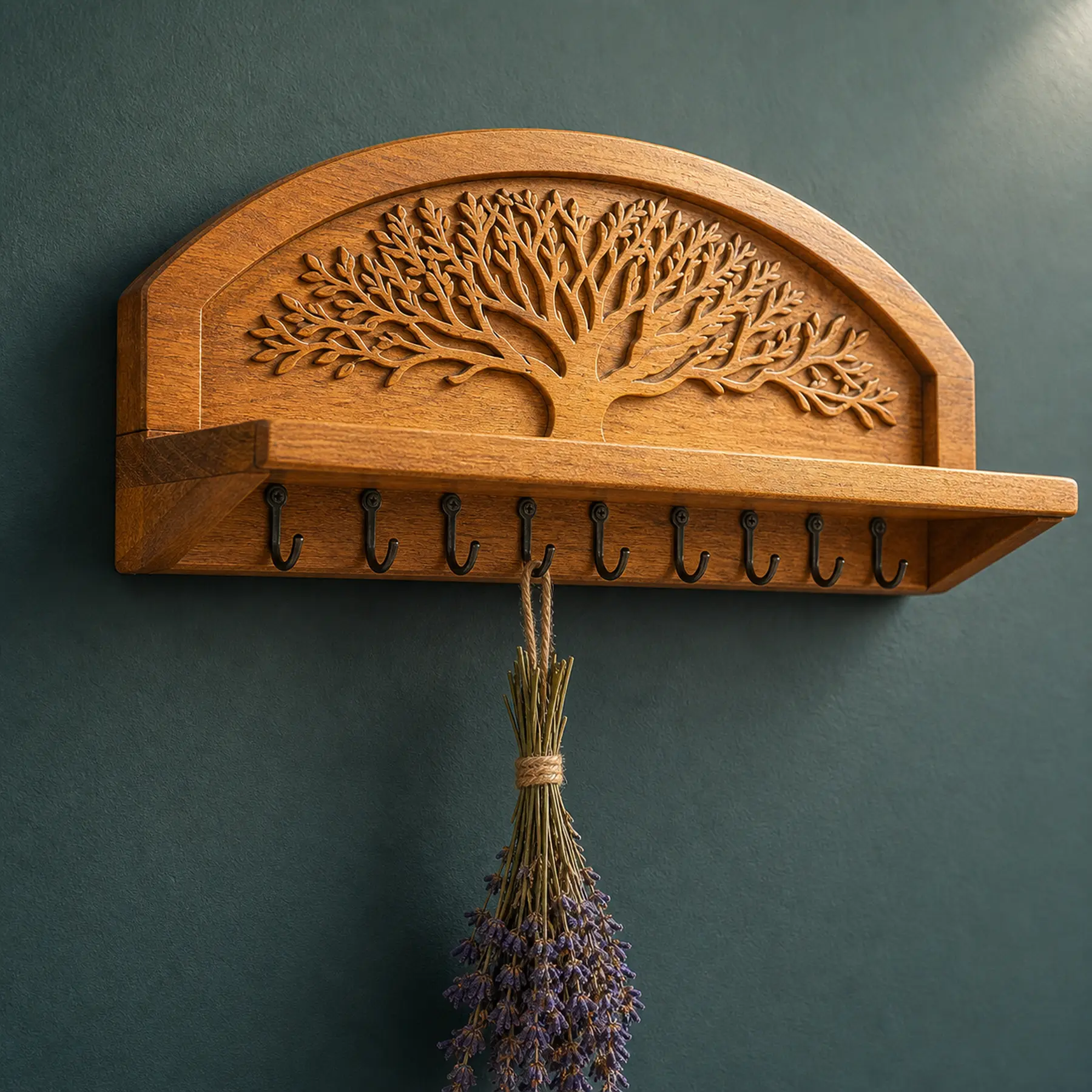 Wall-mounted herb drying rack, Embossed style, wood and hanging-point detail