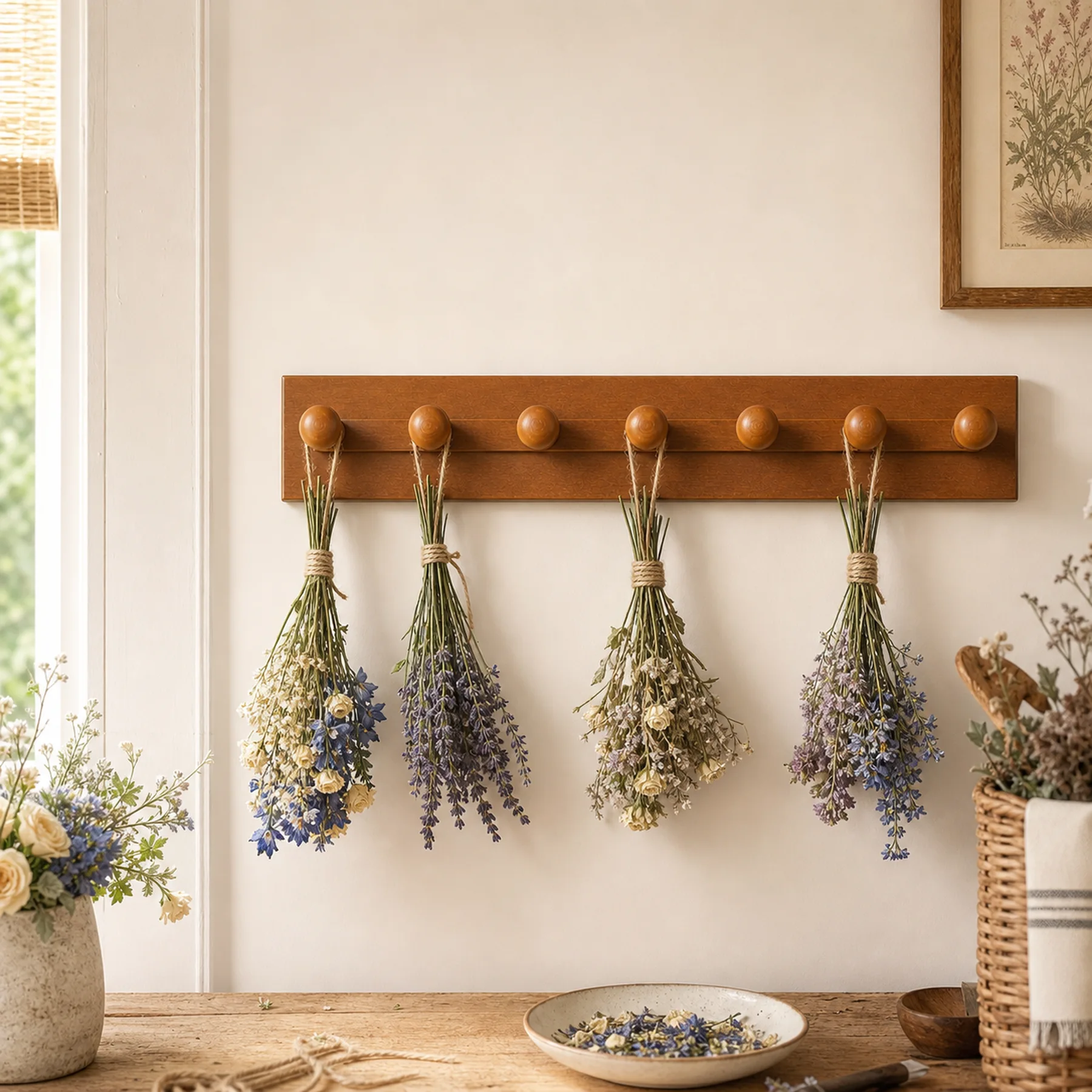 Wall-mounted herb drying rack, Small Spaces style, flower drying
