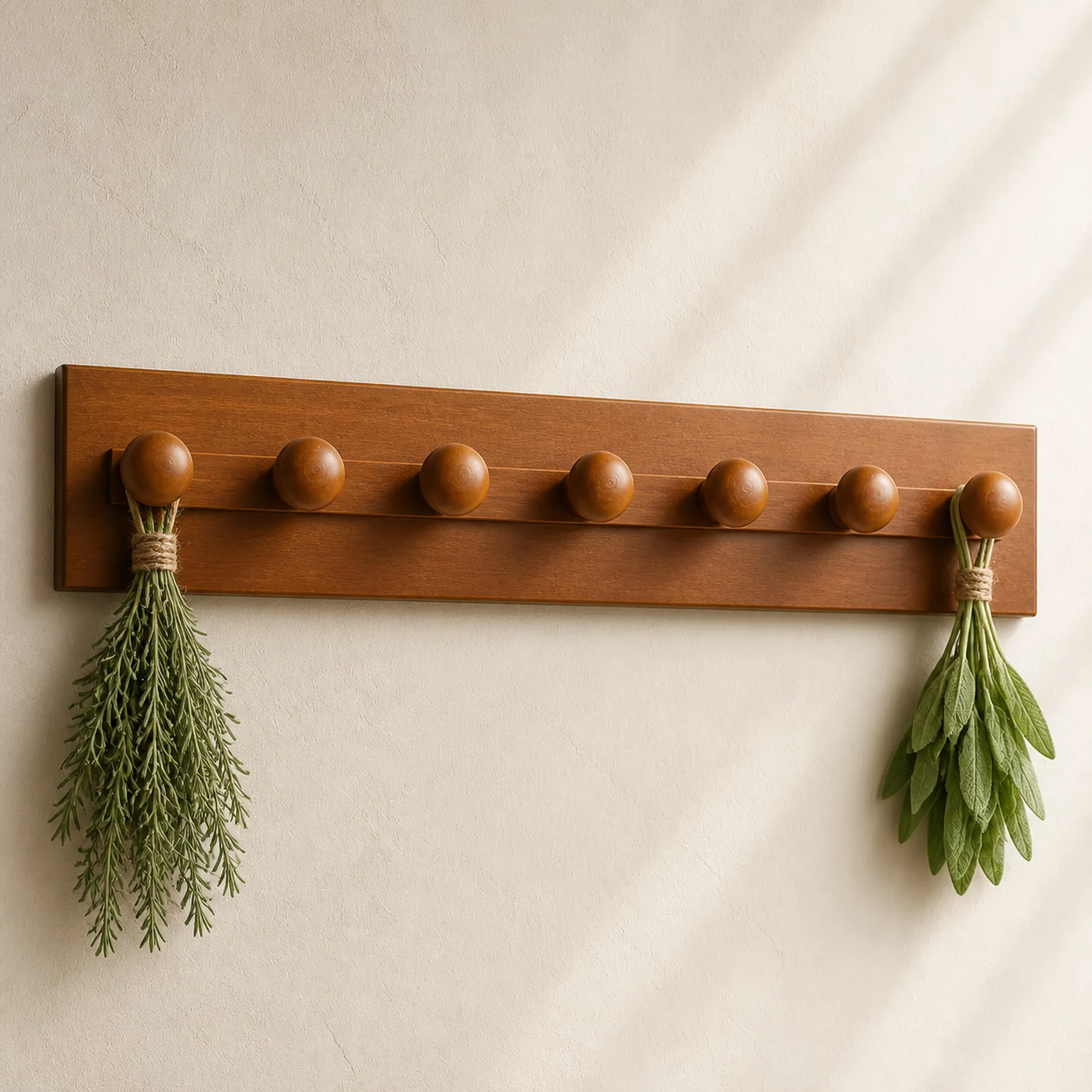 Wall-mounted herb drying rack, Small Spaces style, wood and hanging-point detail