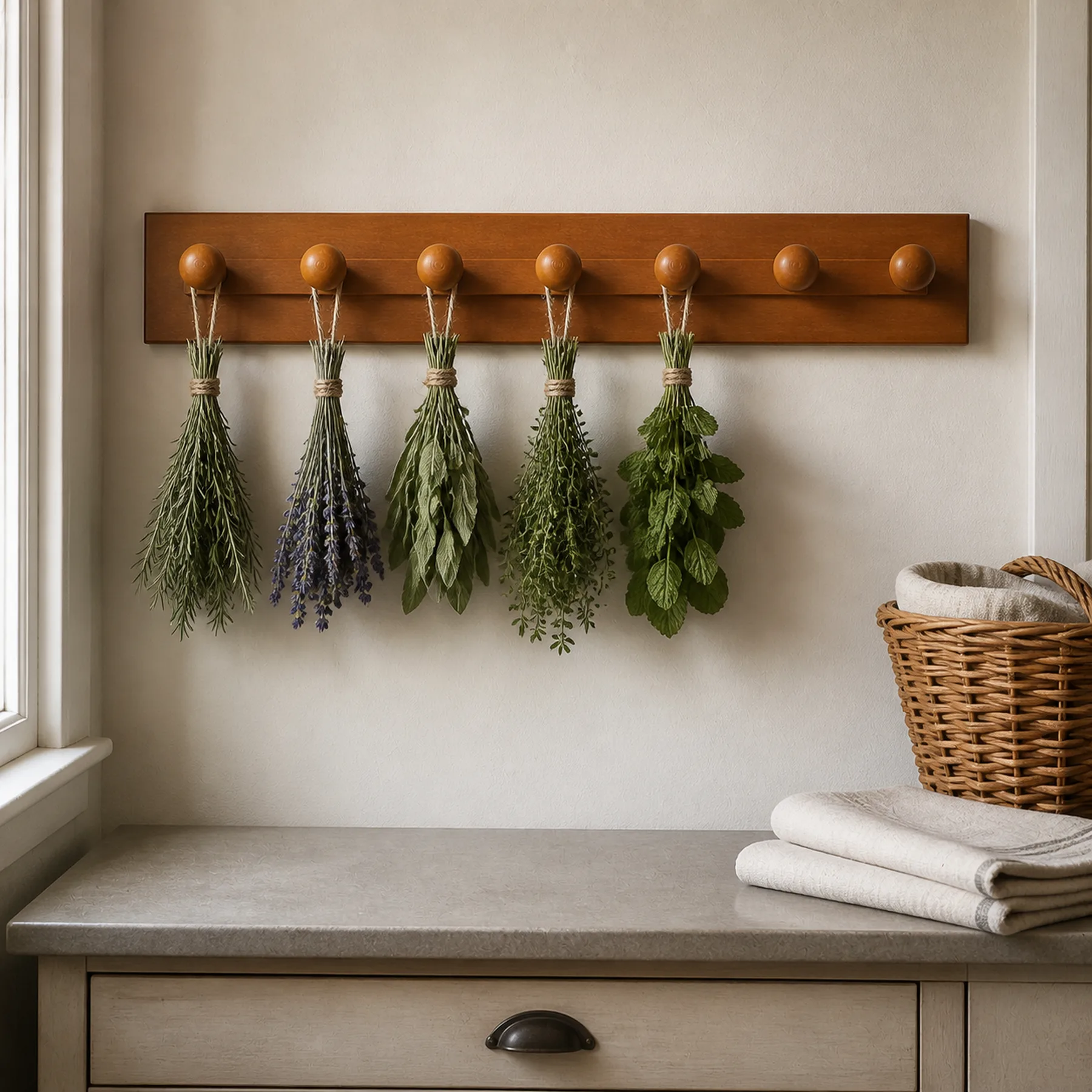 Wall-mounted herb drying rack, Small Spaces style, utility room lifestyle