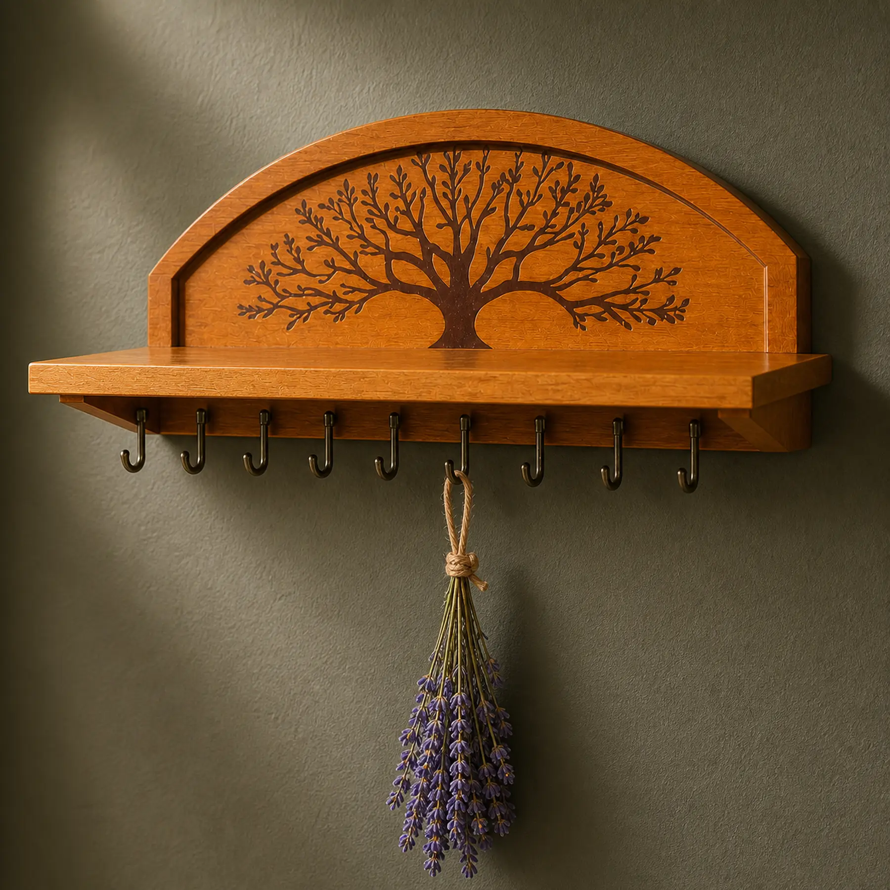 Wall-mounted herb drying rack, Sticker style, wood and hanging-point detail