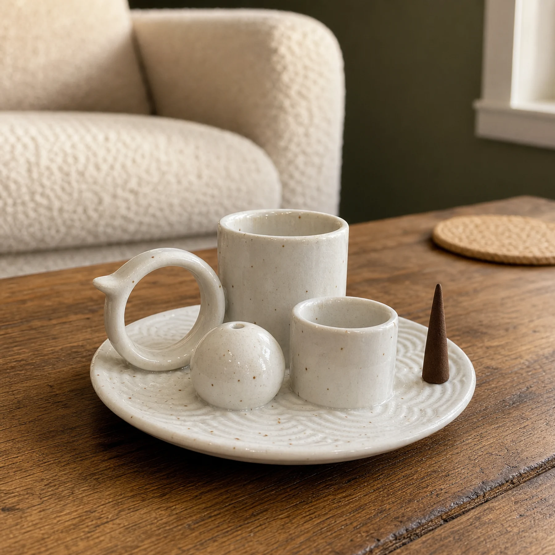 White glaze 5-in-1 ceramic smudge bowl styled with a deep cocoa-brown tapered incense cone