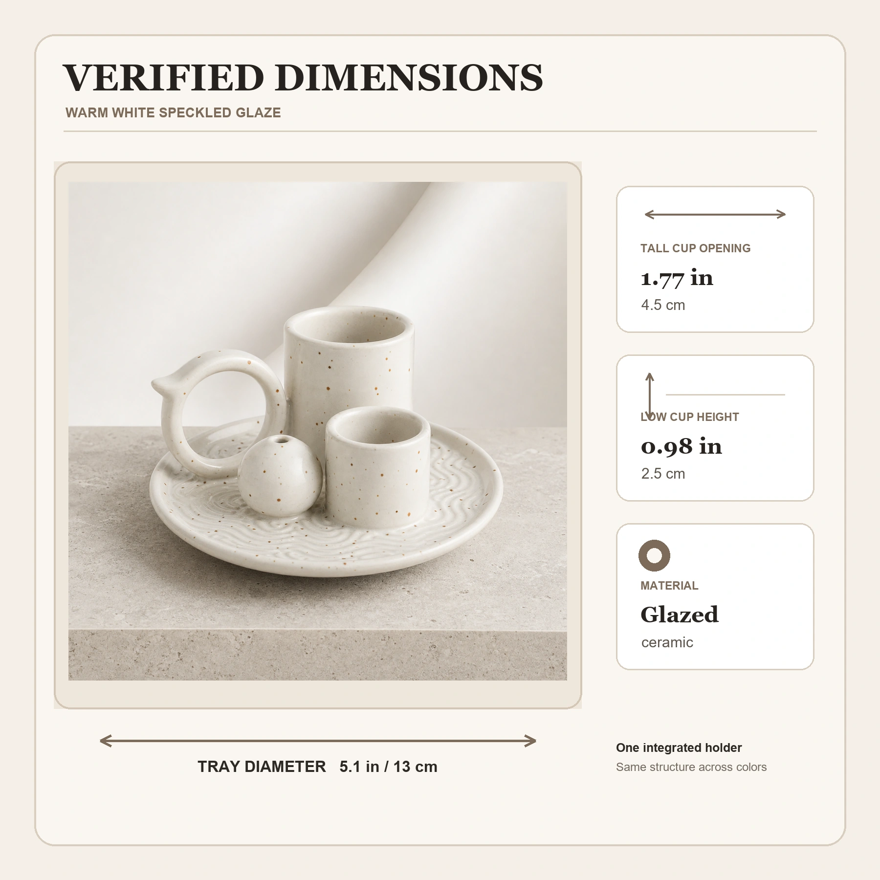 White glaze 5-in-1 ceramic smudge bowl verified dimension card showing tray and cup measurements
