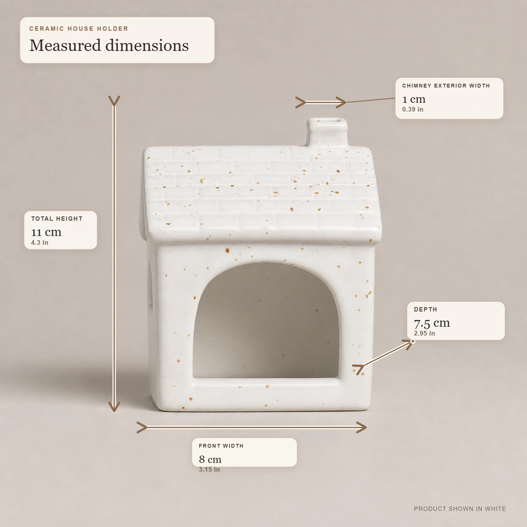 White ceramic house holder dimensions 4.3 by 3.15 by 2.95 inches