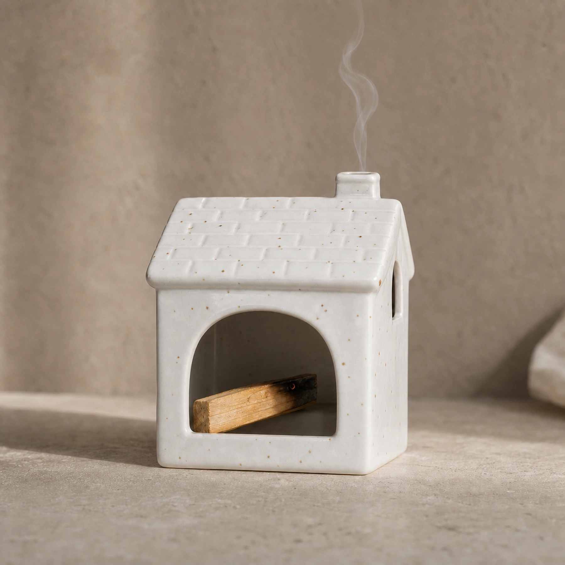 White ceramic house Palo Santo holder with chimney-only smoke