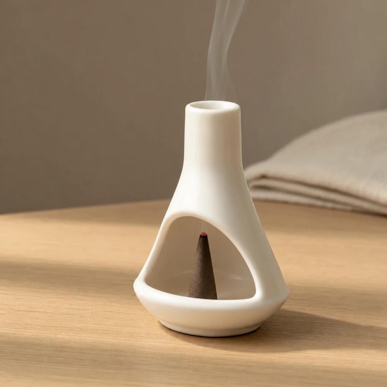 White ceramic mini chiminea with tapered incense cone