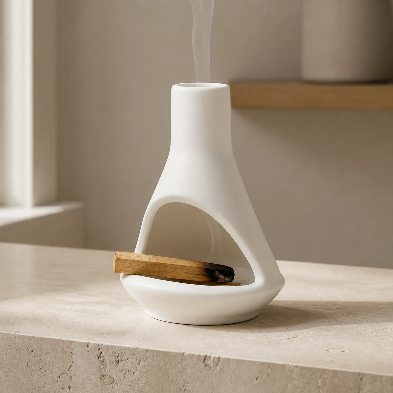 White ceramic mini chiminea with short Palo Santo and smoke through chimney