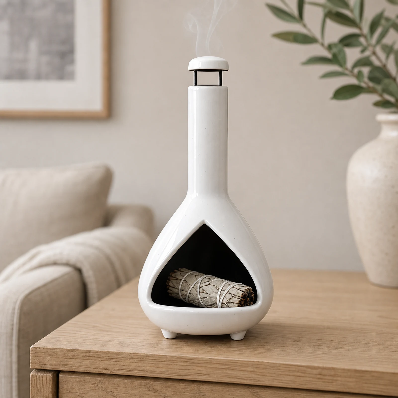 White ceramic Palo Santo holder used with a grey-white sage bundle and smoke leaving from the top vent