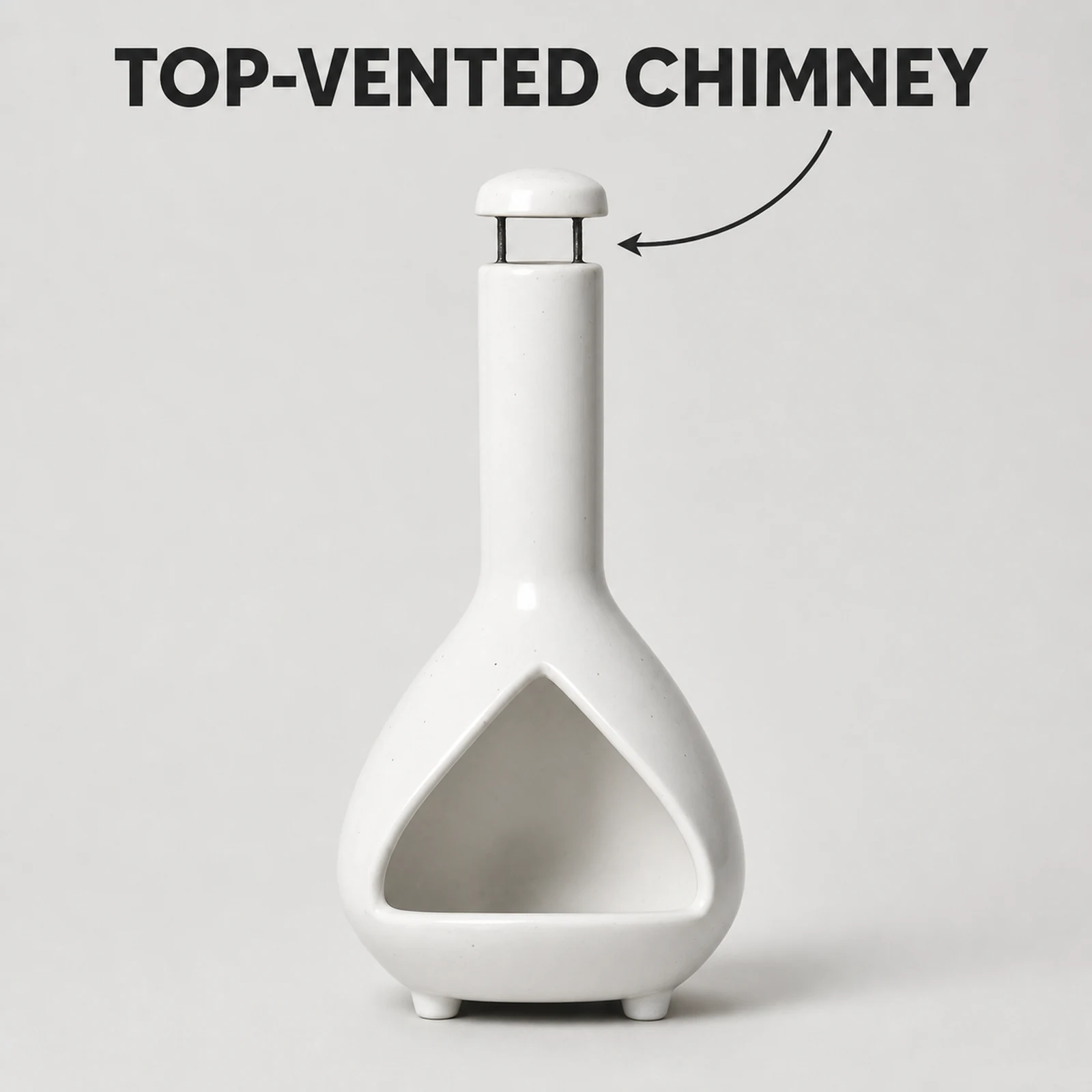 White ceramic Palo Santo holder top-vented chimney detail with an accurate smoke-path arrow