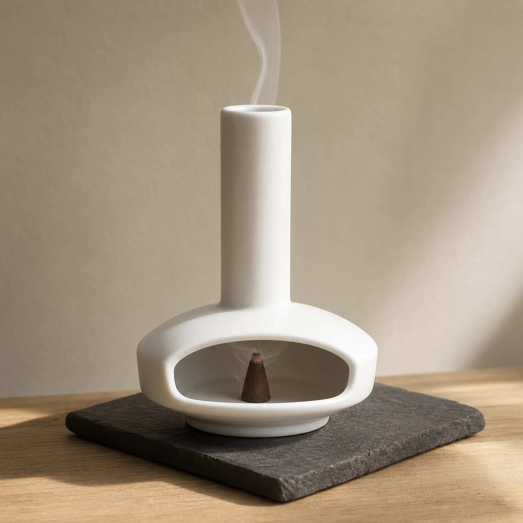 White mini ceramic burner with tapered incense cone and chimney smoke