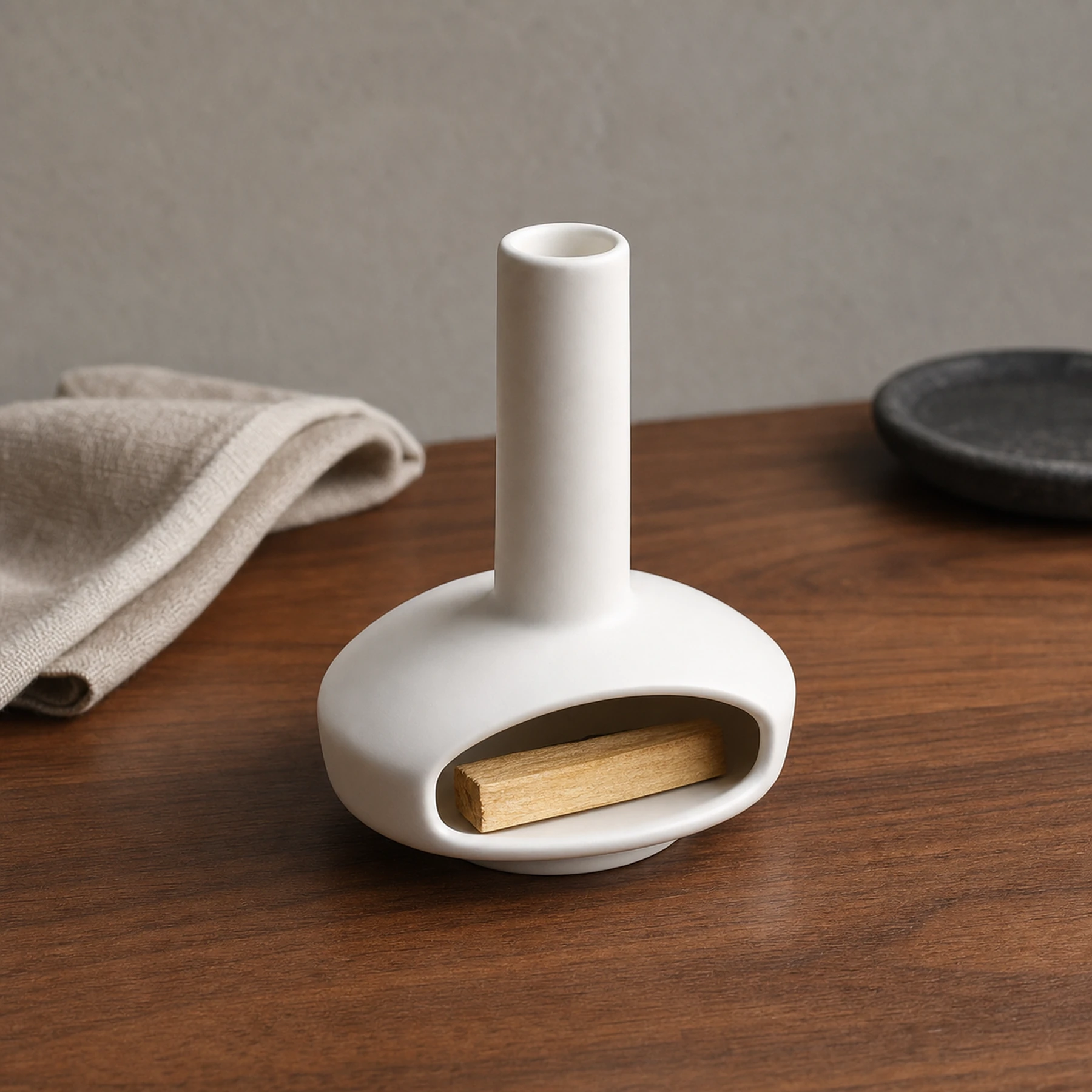Short Palo Santo piece placed inside white mini ceramic hearth