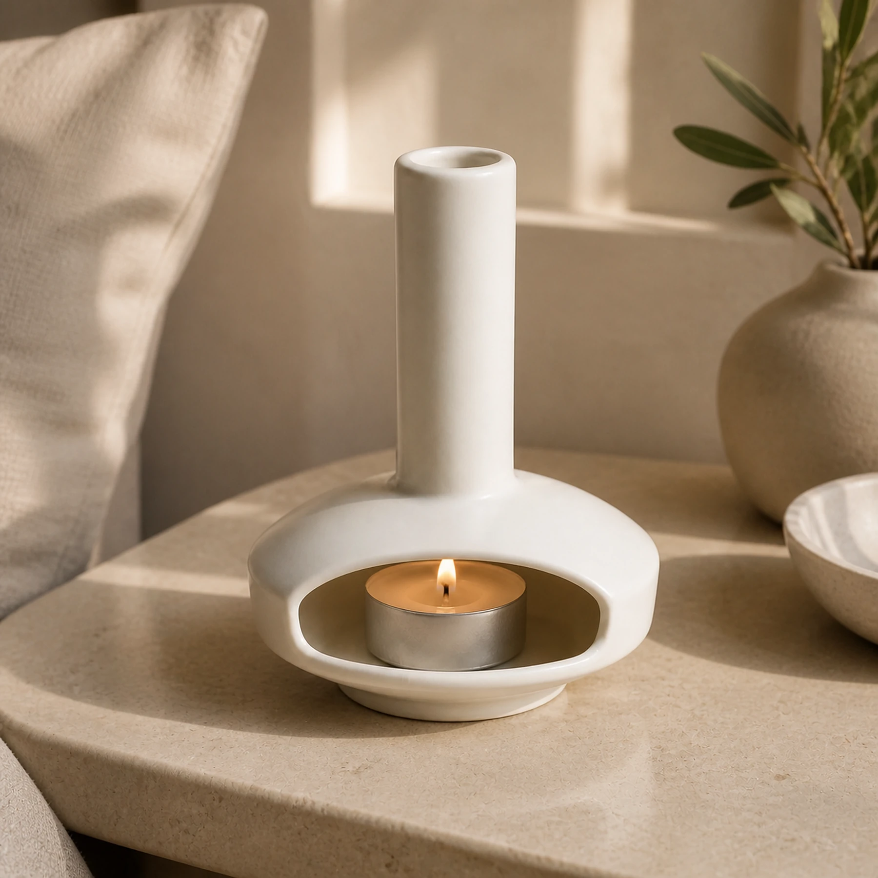White mini ceramic hearth with fitted lit tealight