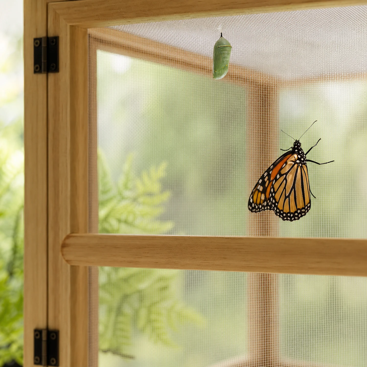 Fine mesh detail with a realistic monarch chrysalis and butterfly on the wide habitat