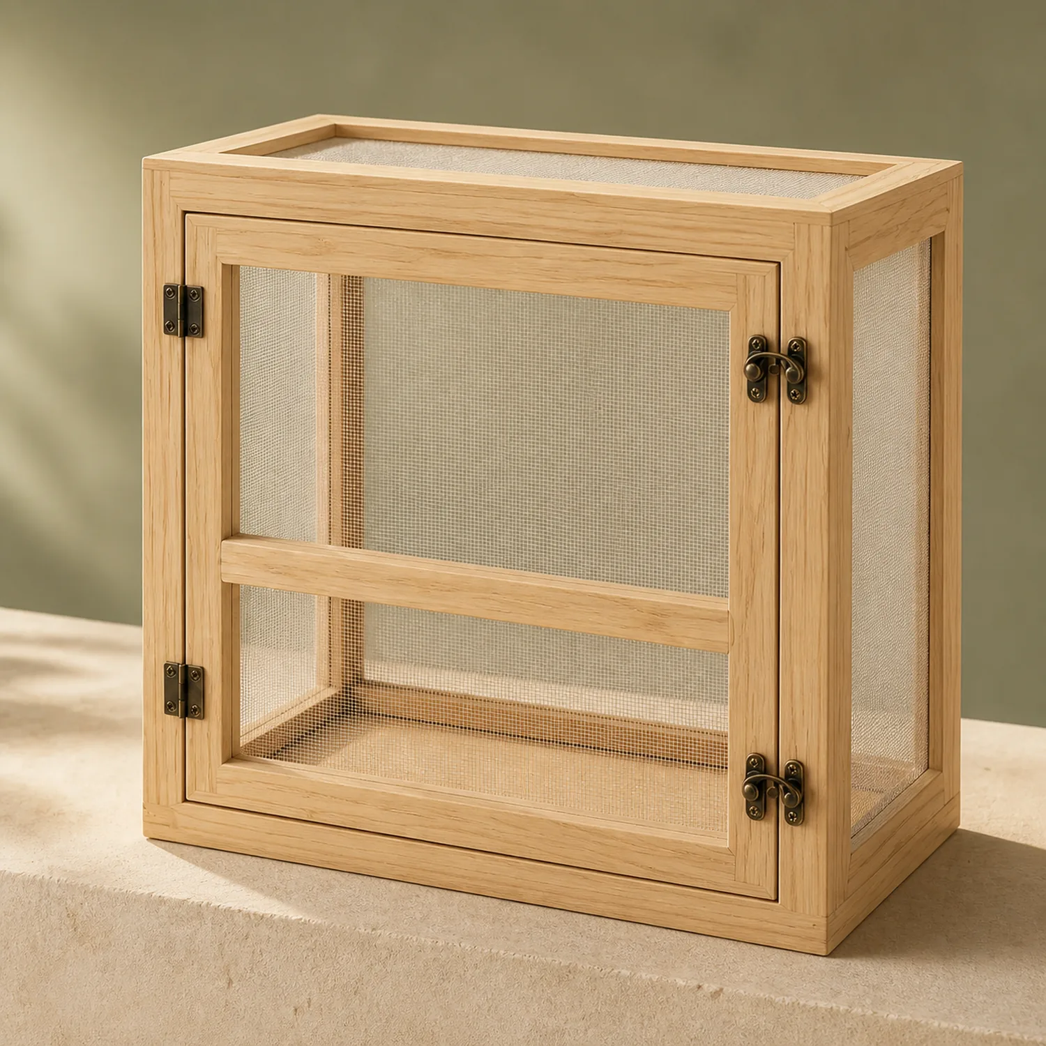 Solid wood base and dark door hardware detail on the wide butterfly habitat
