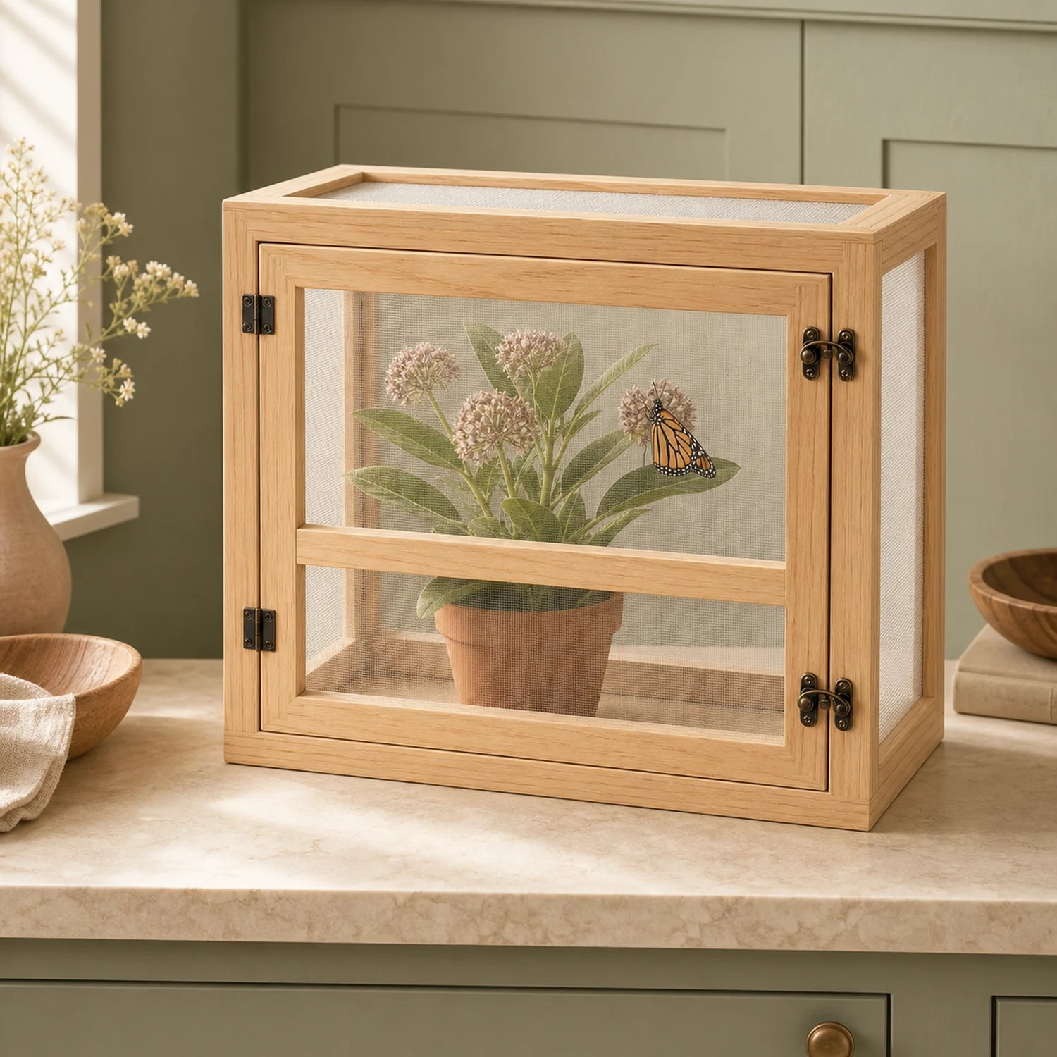 Wide wood frame butterfly habitat with a potted host plant in a sunlit naturalist setting