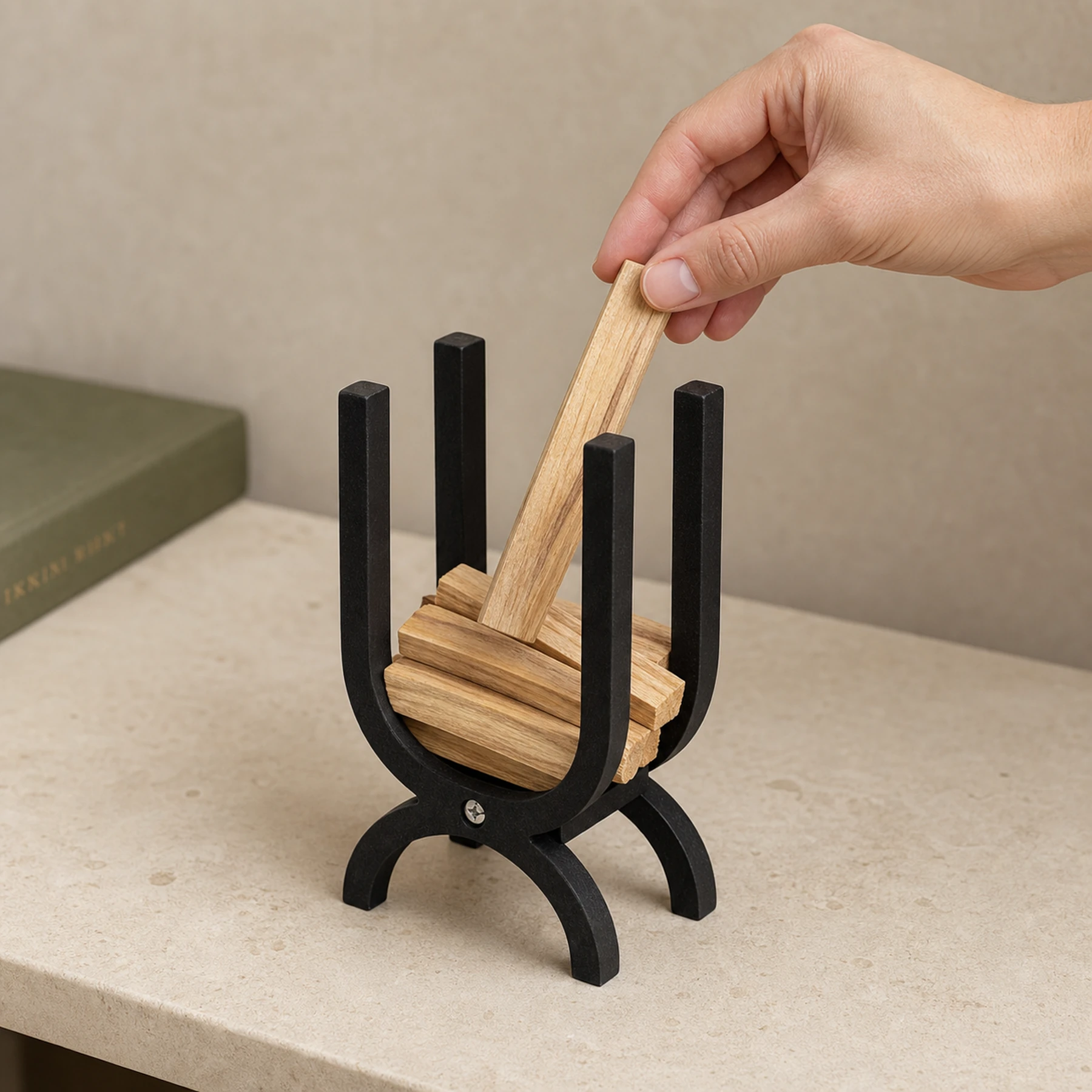 Hand placing a clean unlit Palo Santo stick into the wood storage organizer