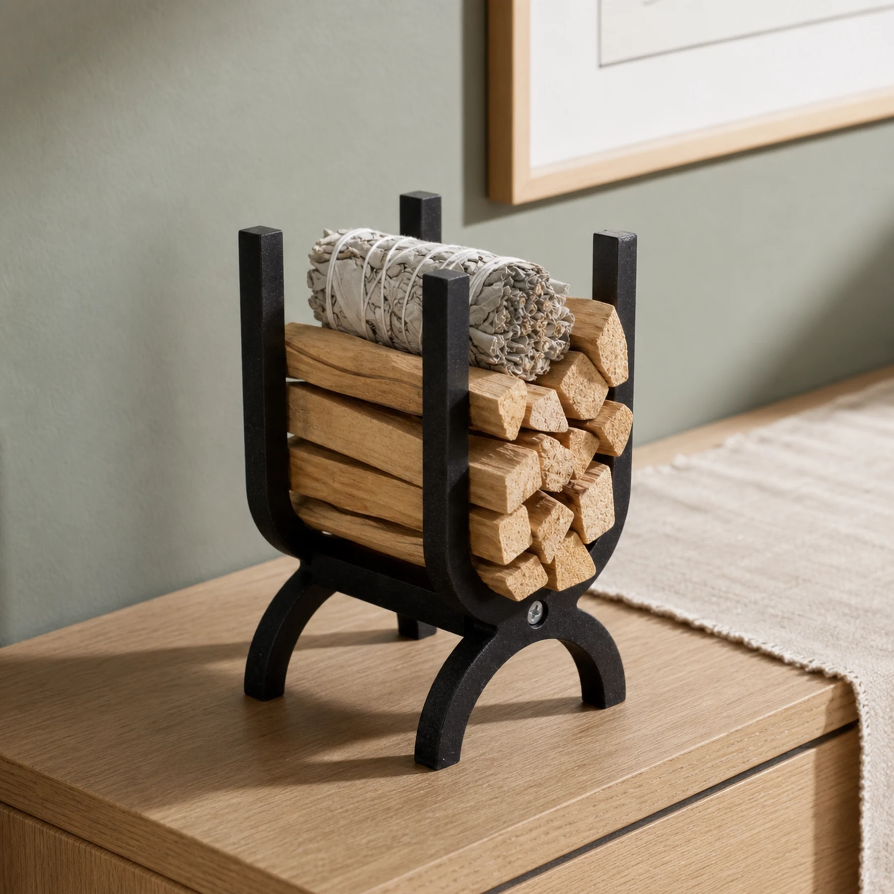 Wood Palo Santo and sage storage organizer arranging completely unlit materials on a pale oak console
