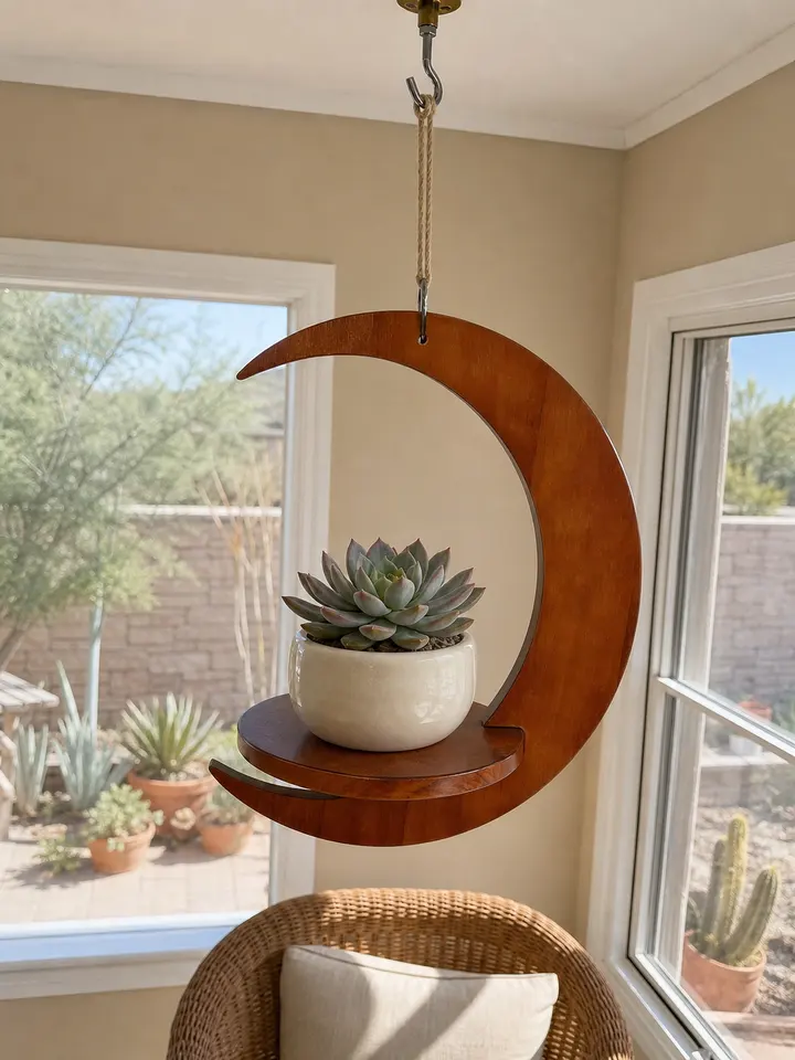 Crescent Wood Hanging Plant Tray styling idea 2