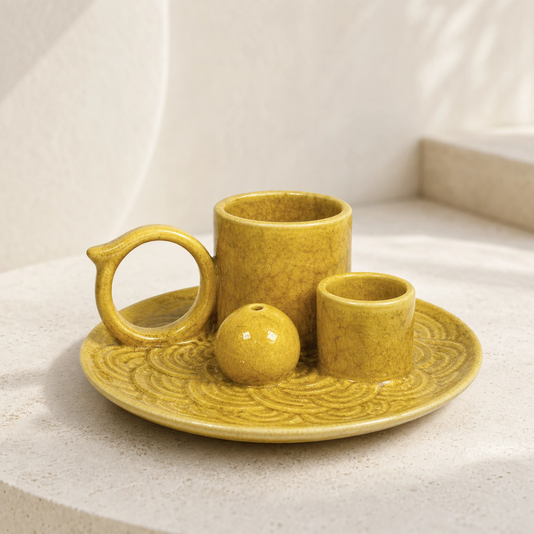 Yellow glaze 5-in-1 ceramic smudge bowl empty in a clean three-quarter product view