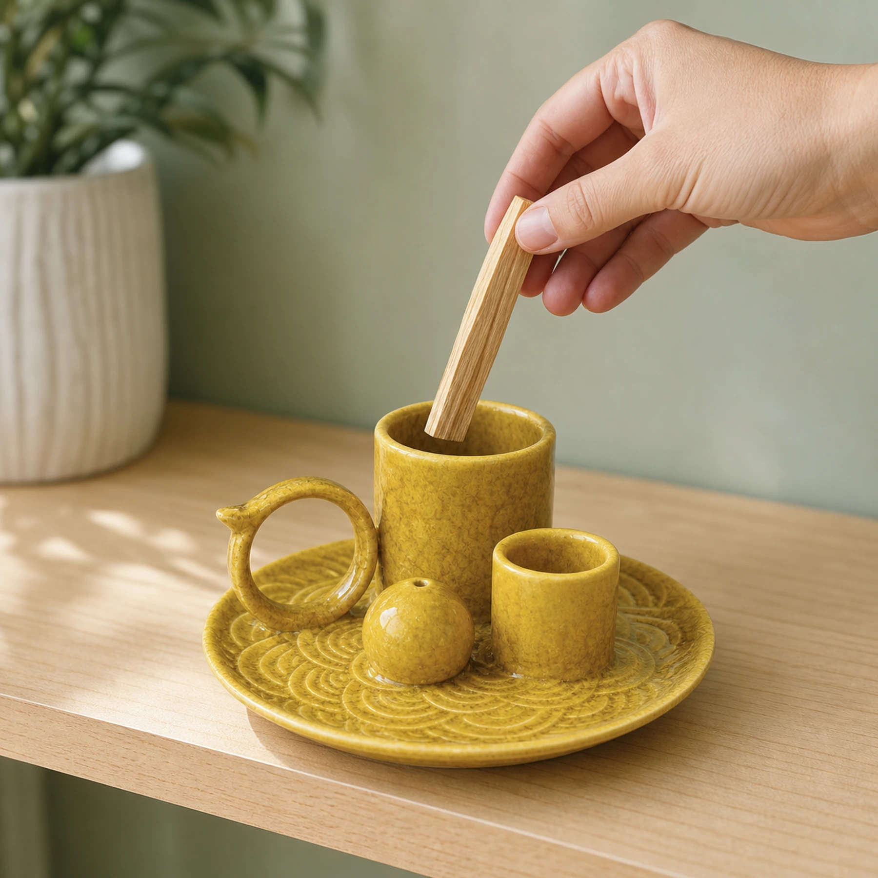 Yellow glaze 5-in-1 ceramic smudge bowl shown with an adult hand for tabletop scale