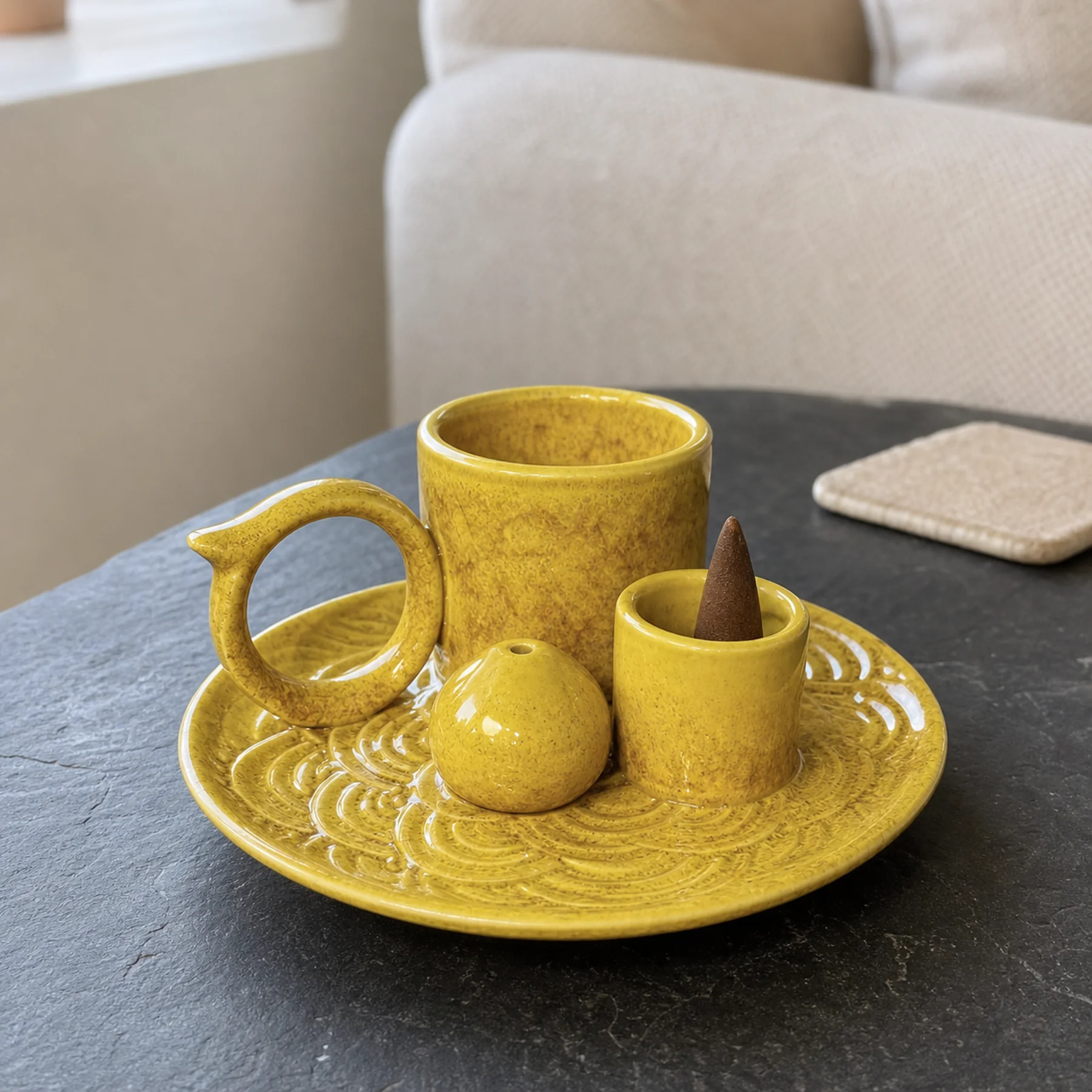 Yellow glaze 5-in-1 ceramic smudge bowl styled with a deep cocoa-brown tapered incense cone