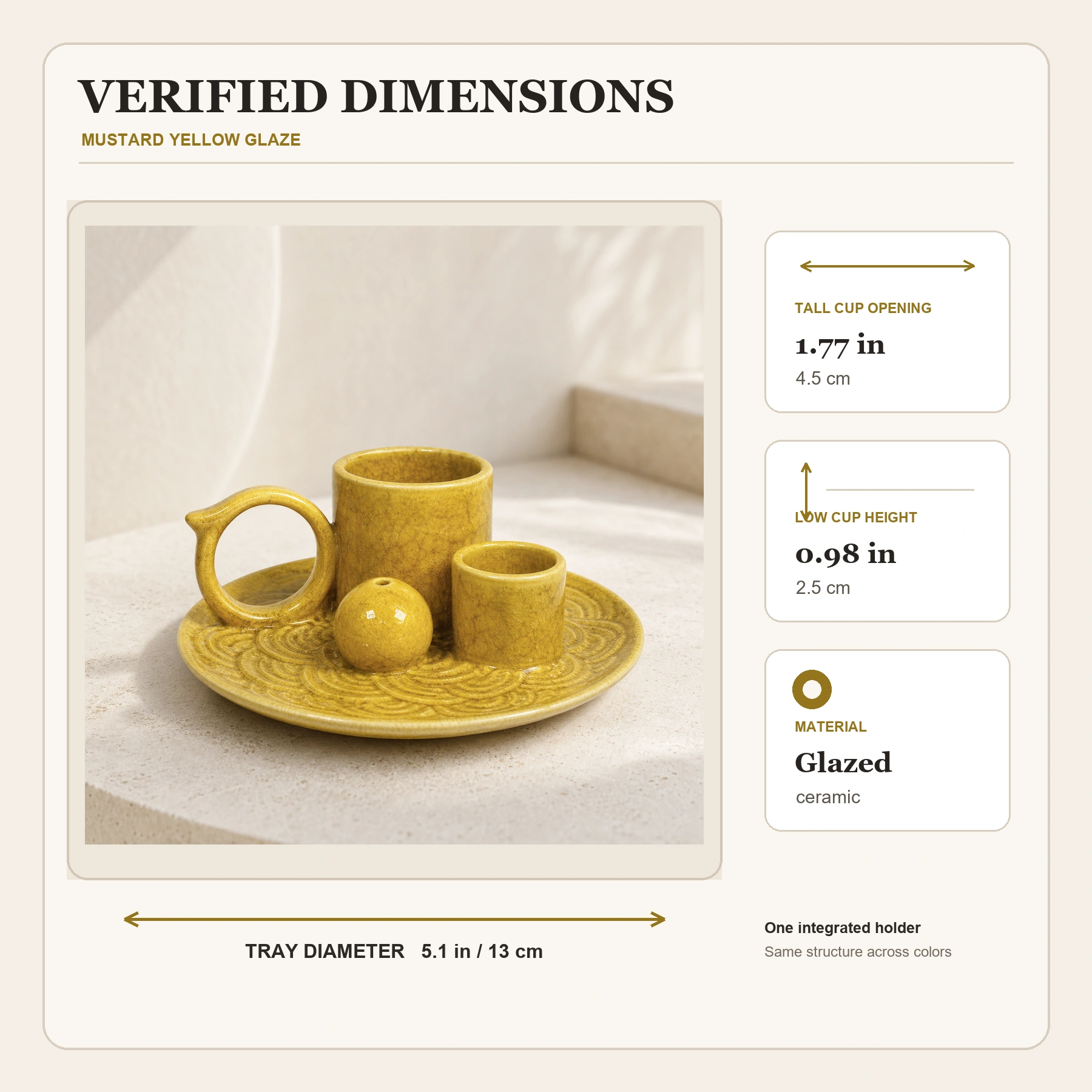 Yellow glaze 5-in-1 ceramic smudge bowl verified dimension card showing tray and cup measurements