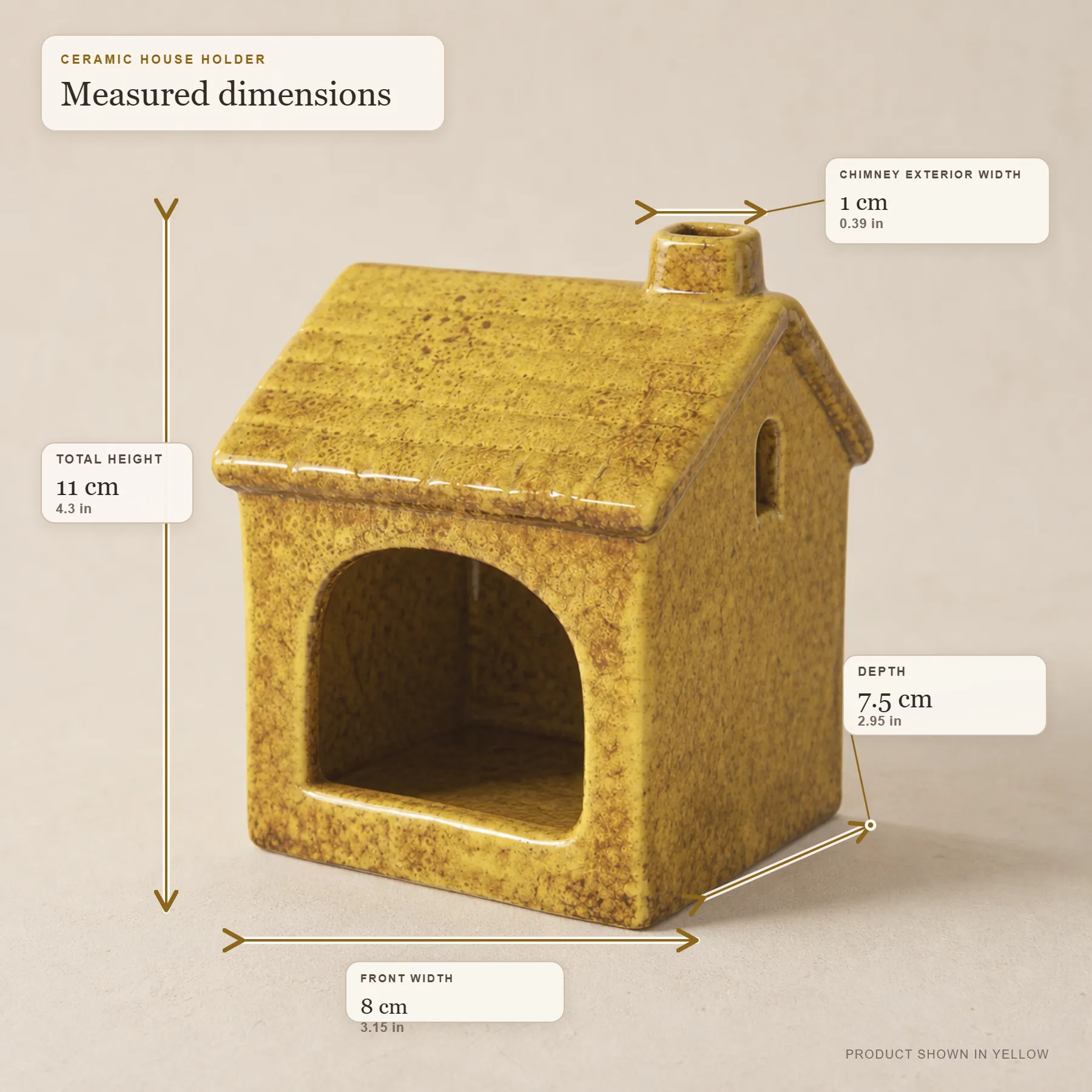 Yellow ceramic house holder dimensions 4.3 by 3.15 by 2.95 inches