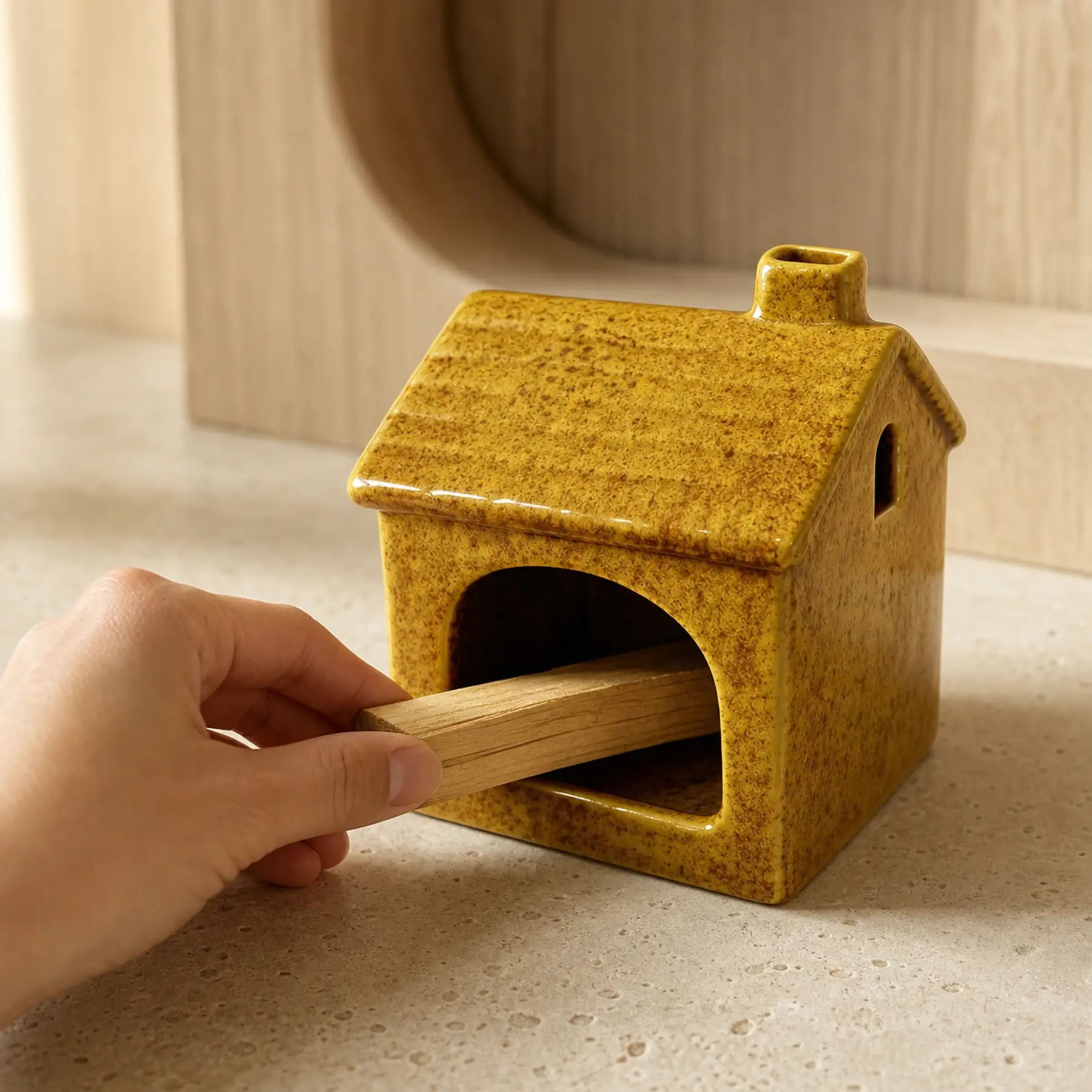 Hand placing unlit Palo Santo into Yellow ceramic house holder for scale