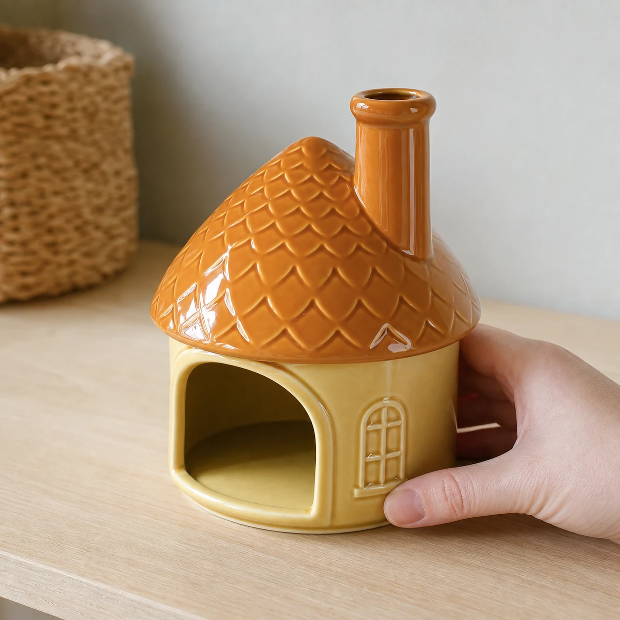 Adult hand gently steadying the yellow house ceramic Palo Santo holder to show tabletop scale
